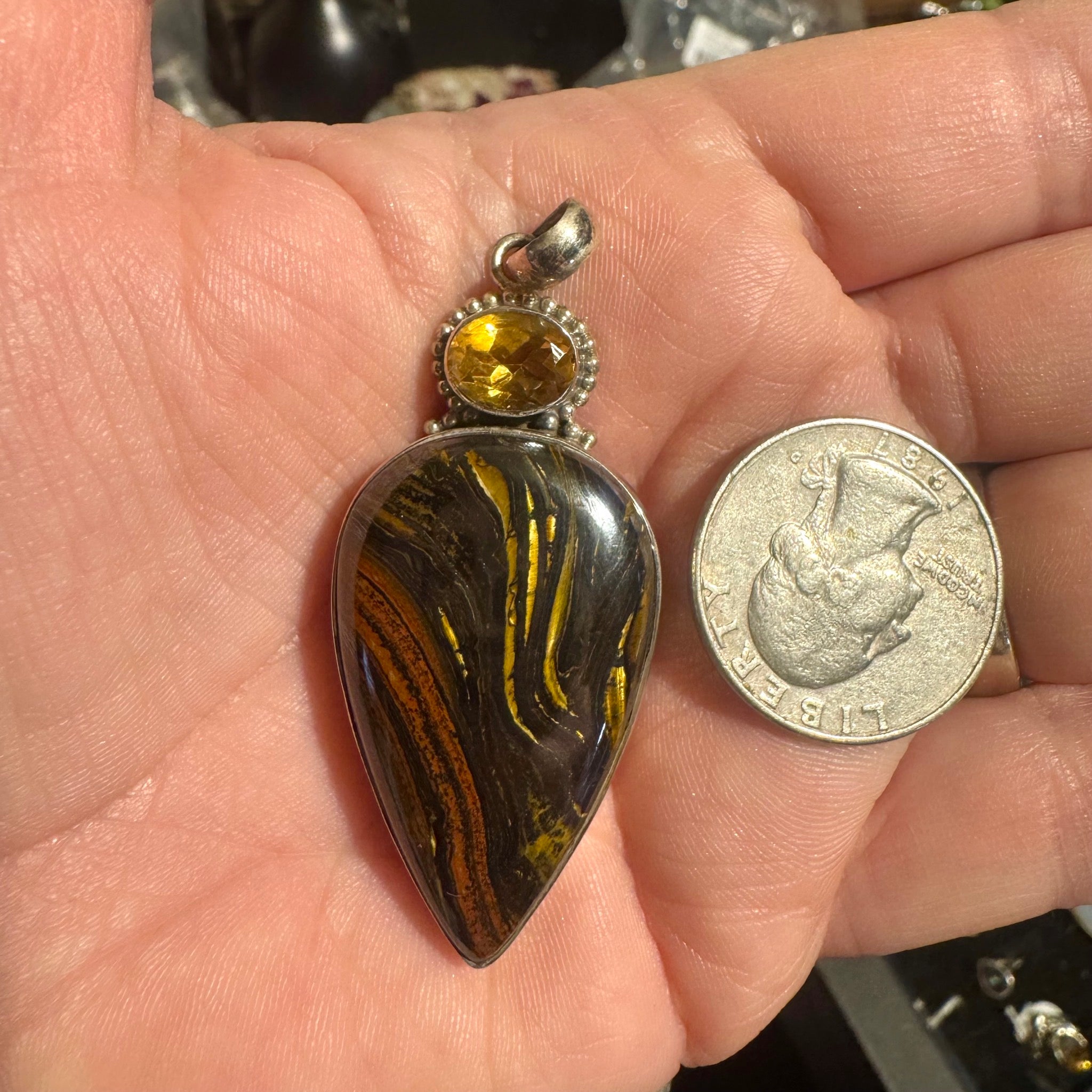 Faceted Citrine with Tigers Iron Pendant Sterling Silver