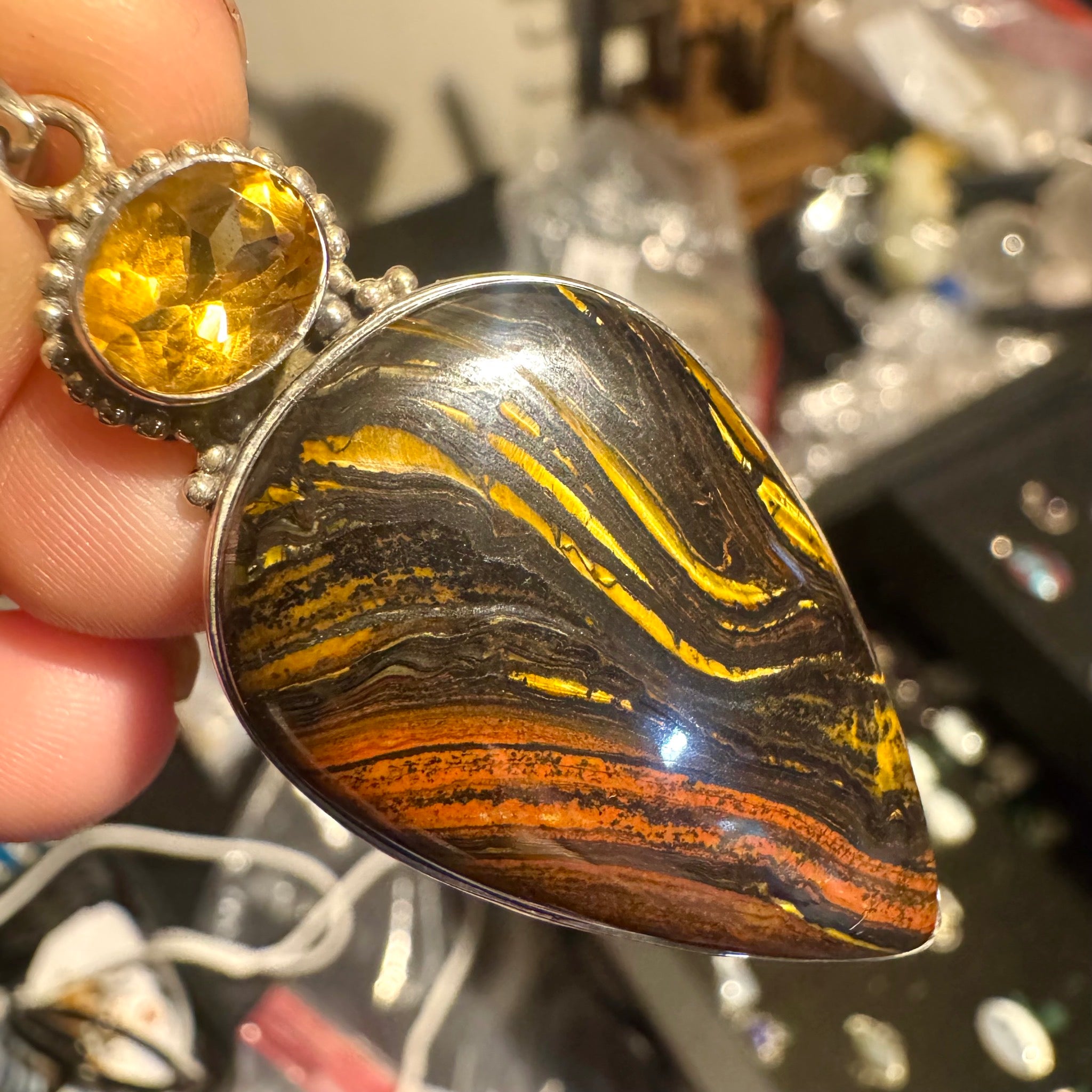 Faceted Citrine with Tigers Iron Pendant Sterling Silver