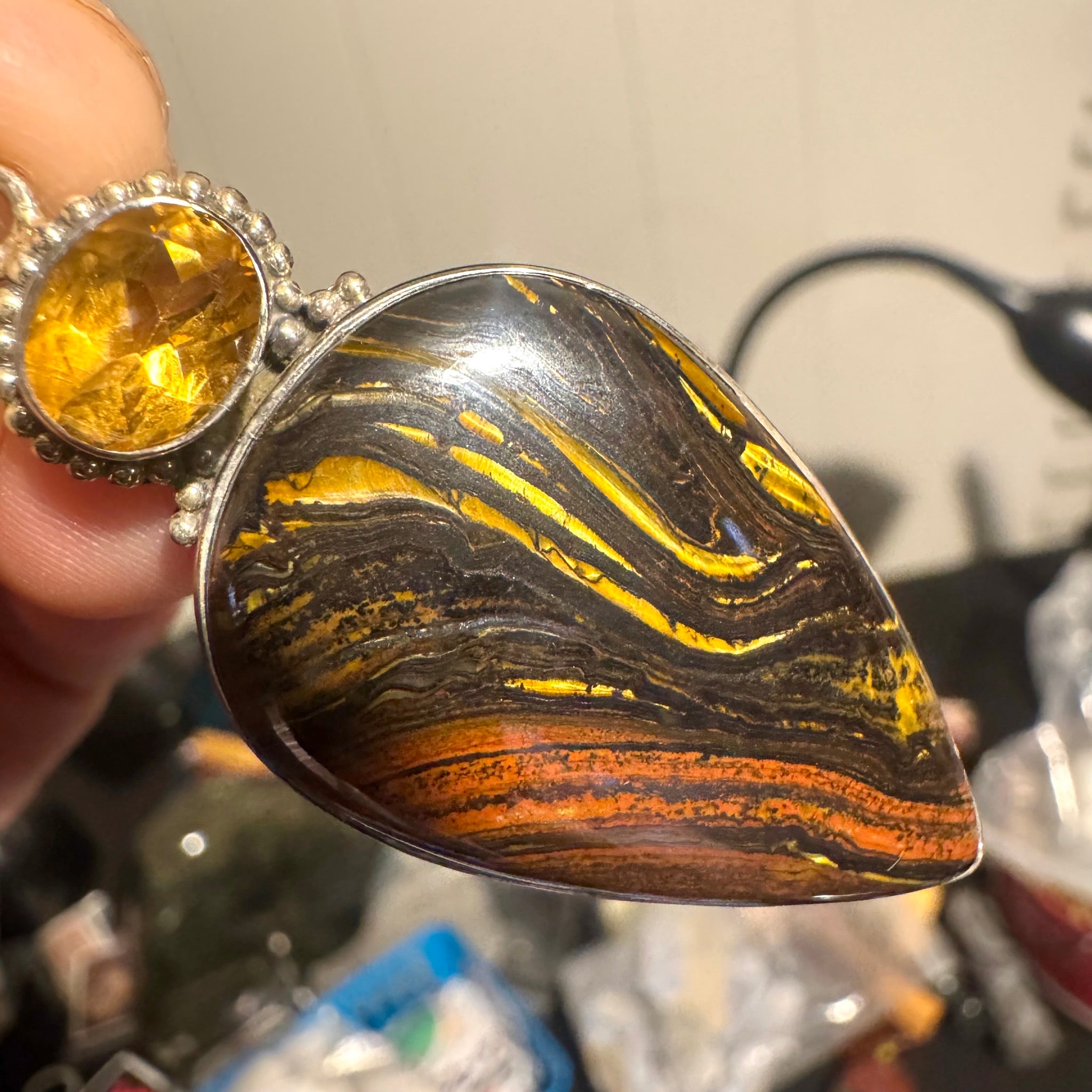 Faceted Citrine with Tigers Iron Pendant Sterling Silver