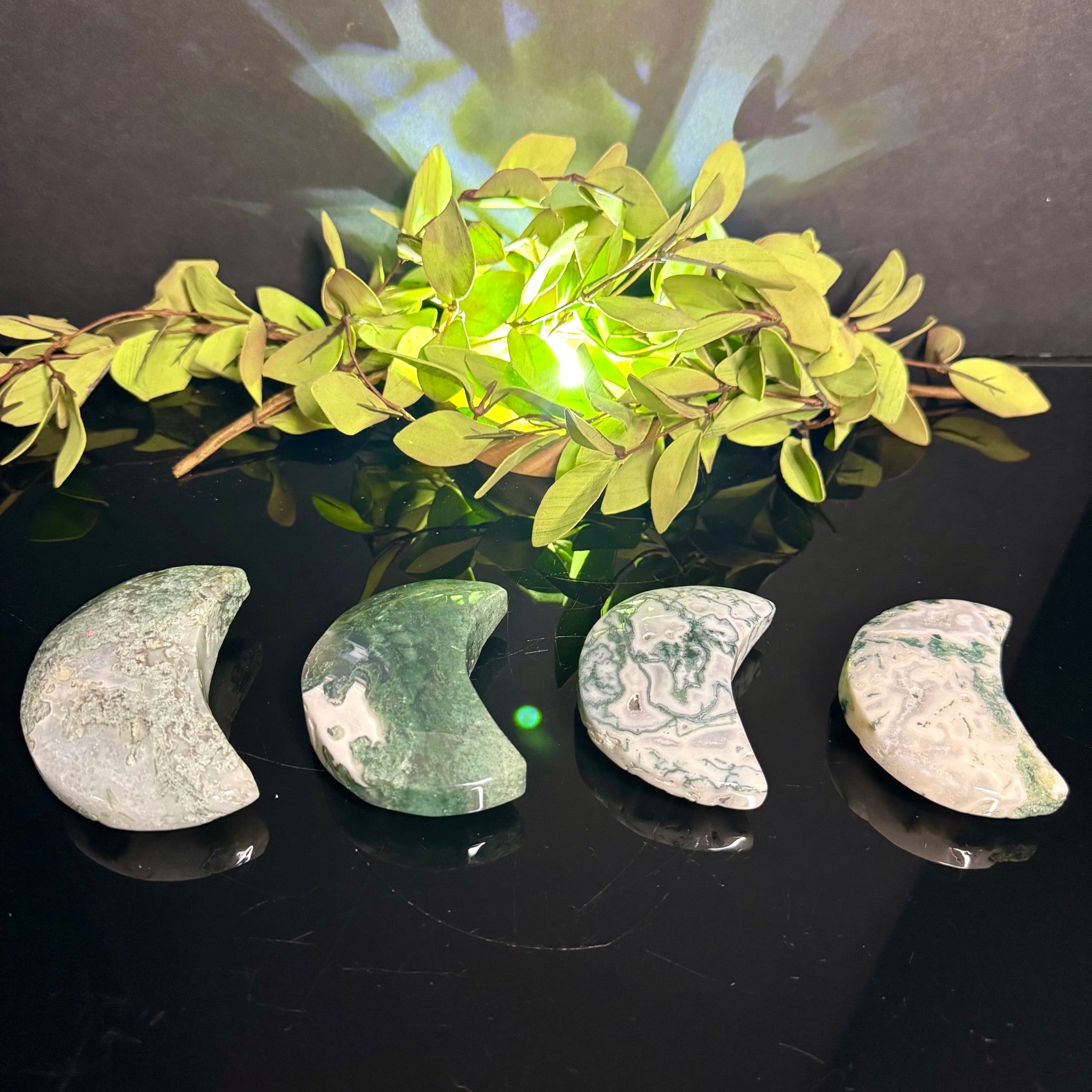 Moss Agate Moon Carving