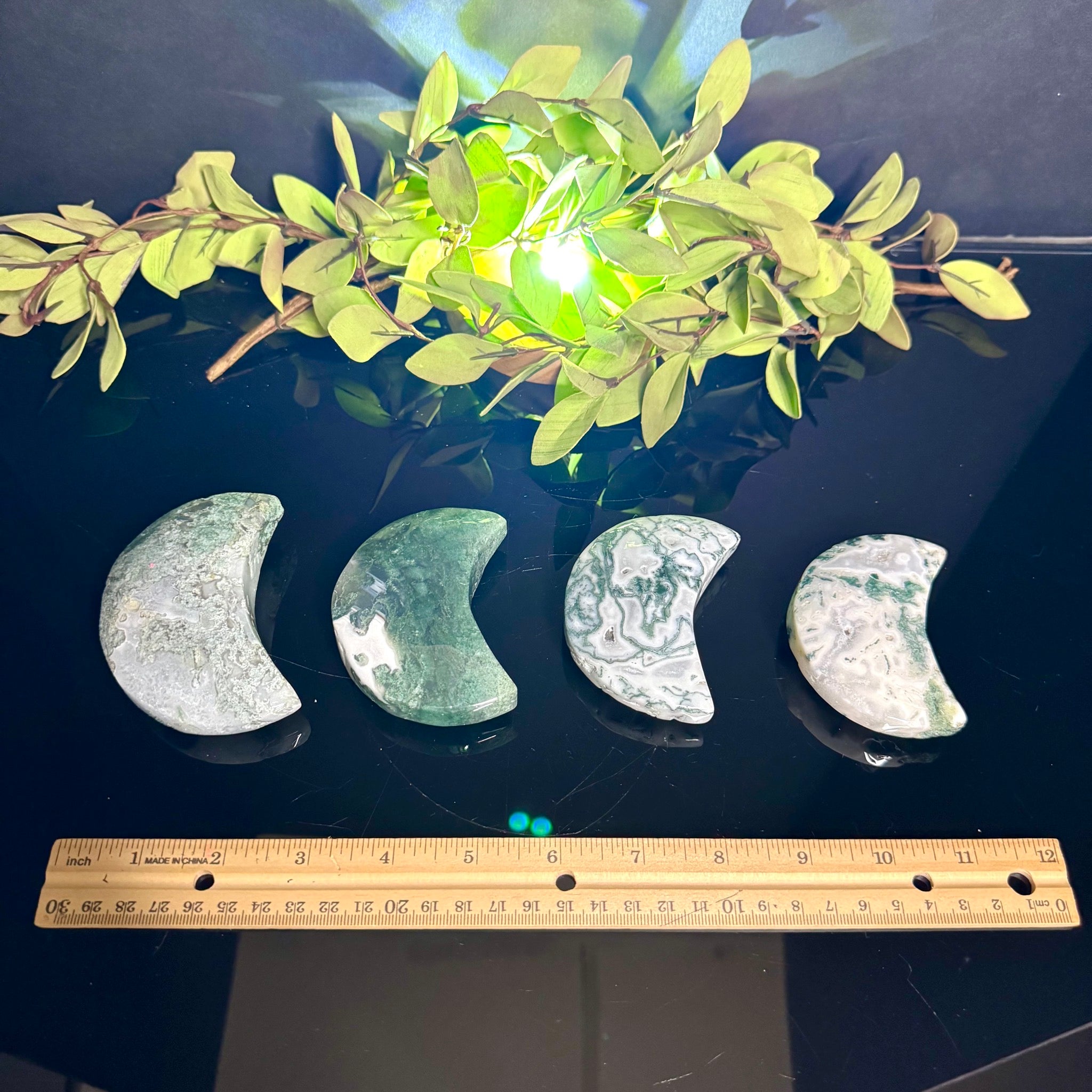Moss Agate Moon Carving
