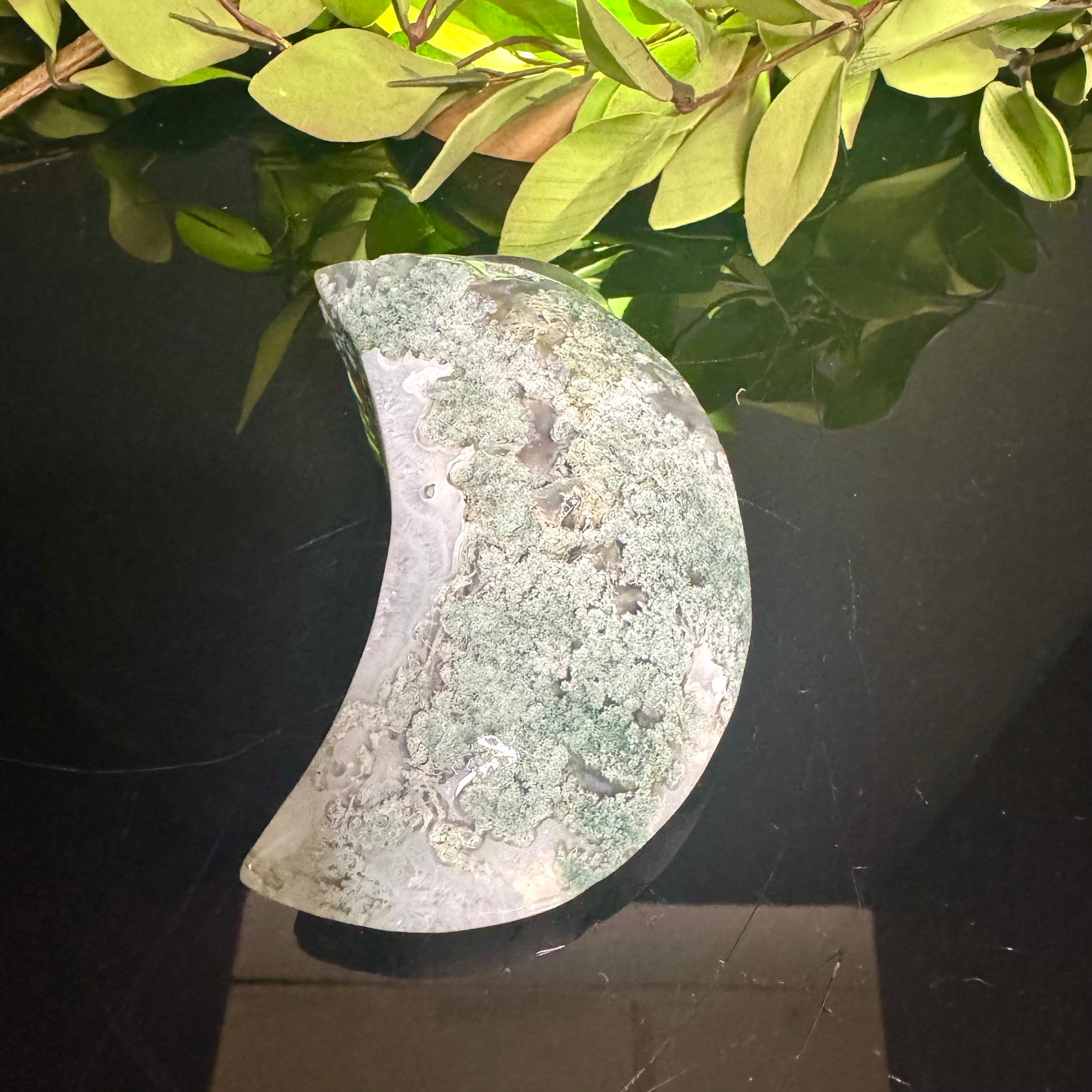 Moss Agate Moon Carving