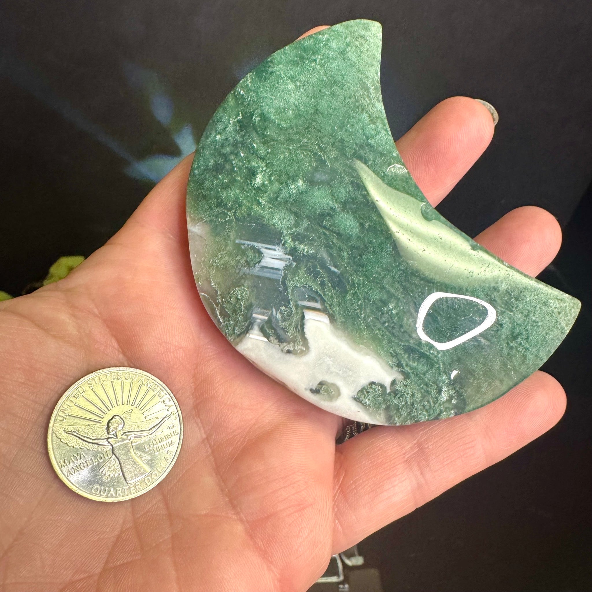 Moss Agate Moon Carving
