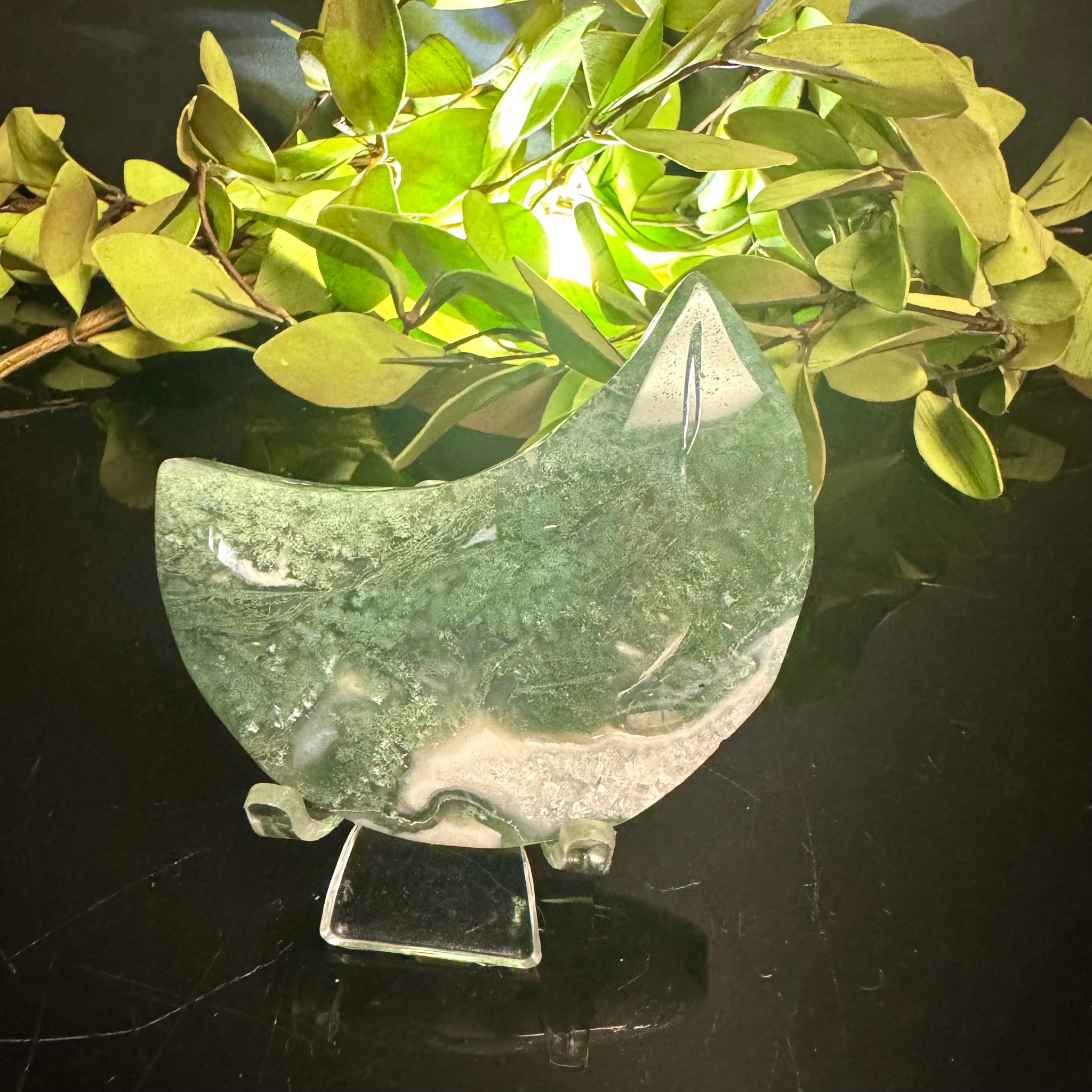 Moss Agate Moon Carving