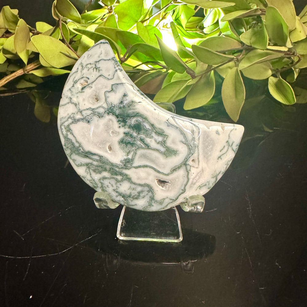 Moss Agate Moon Carving
