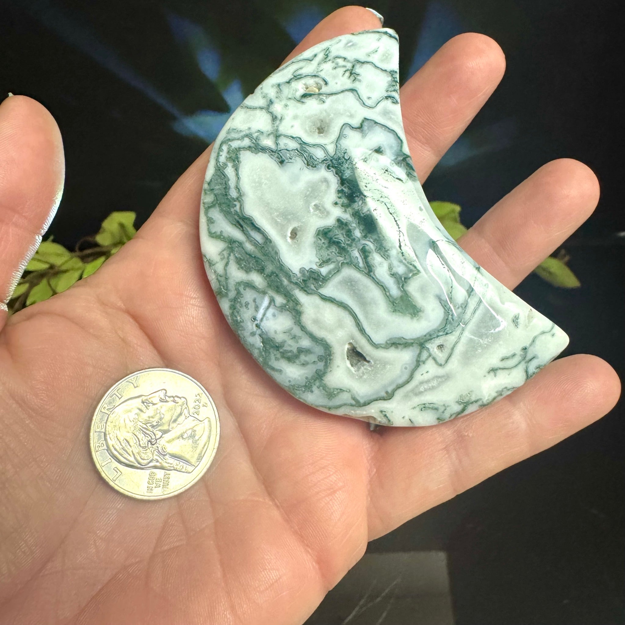 Moss Agate Moon Carving