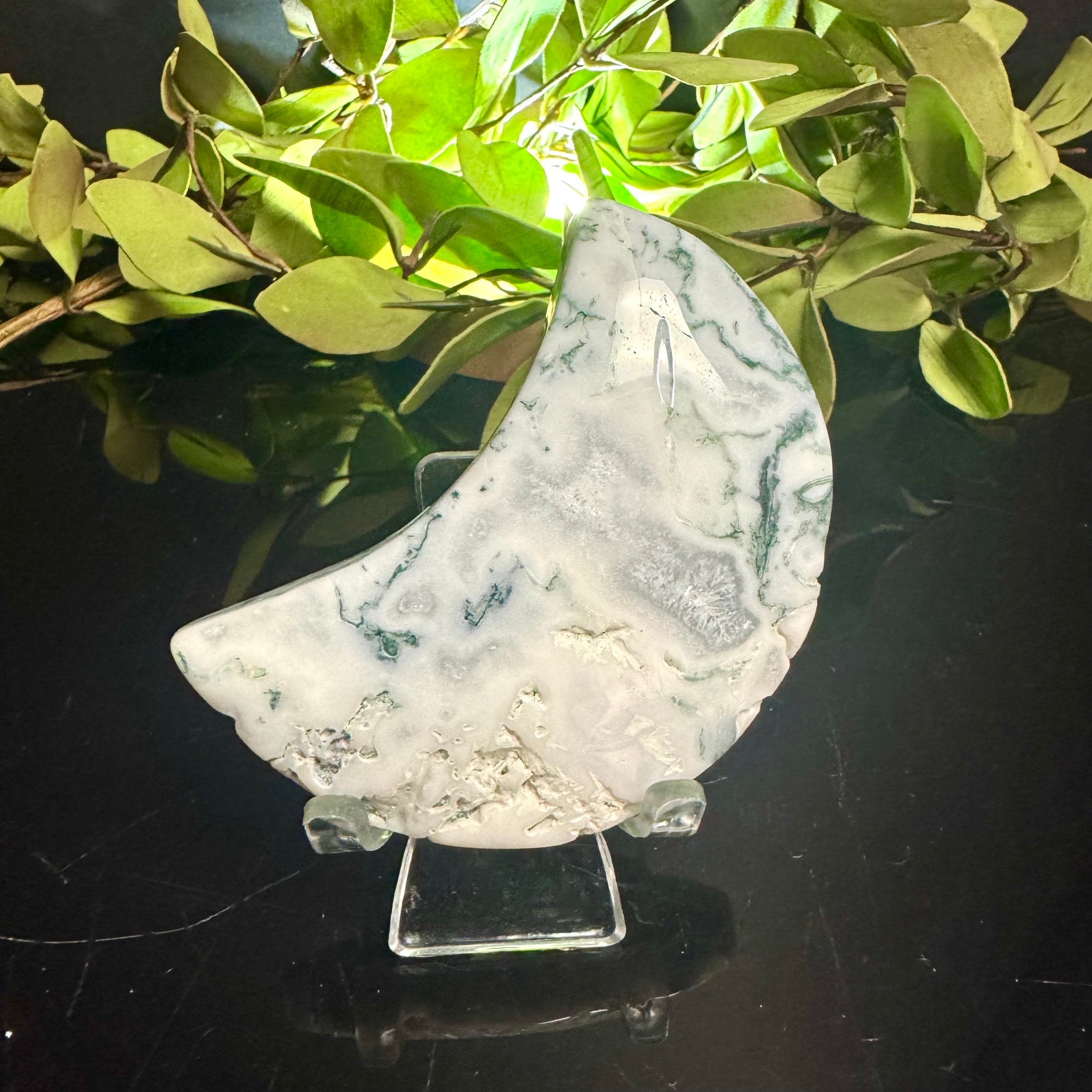 Moss Agate Moon Carving