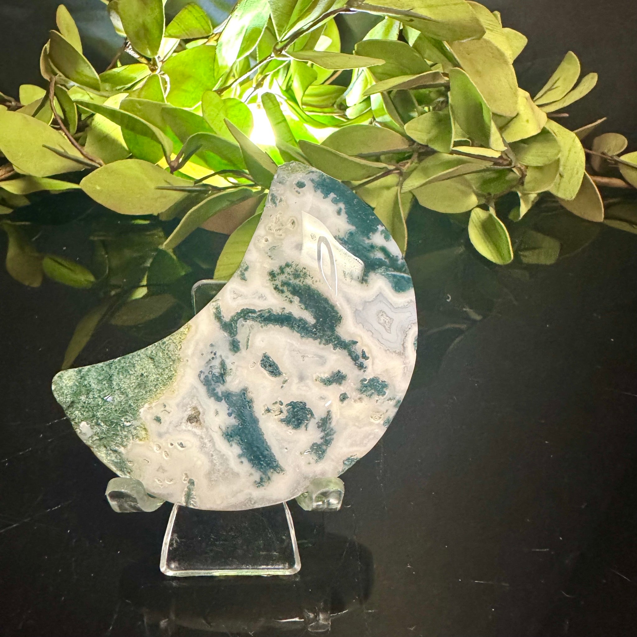 Moss Agate Moon Carving