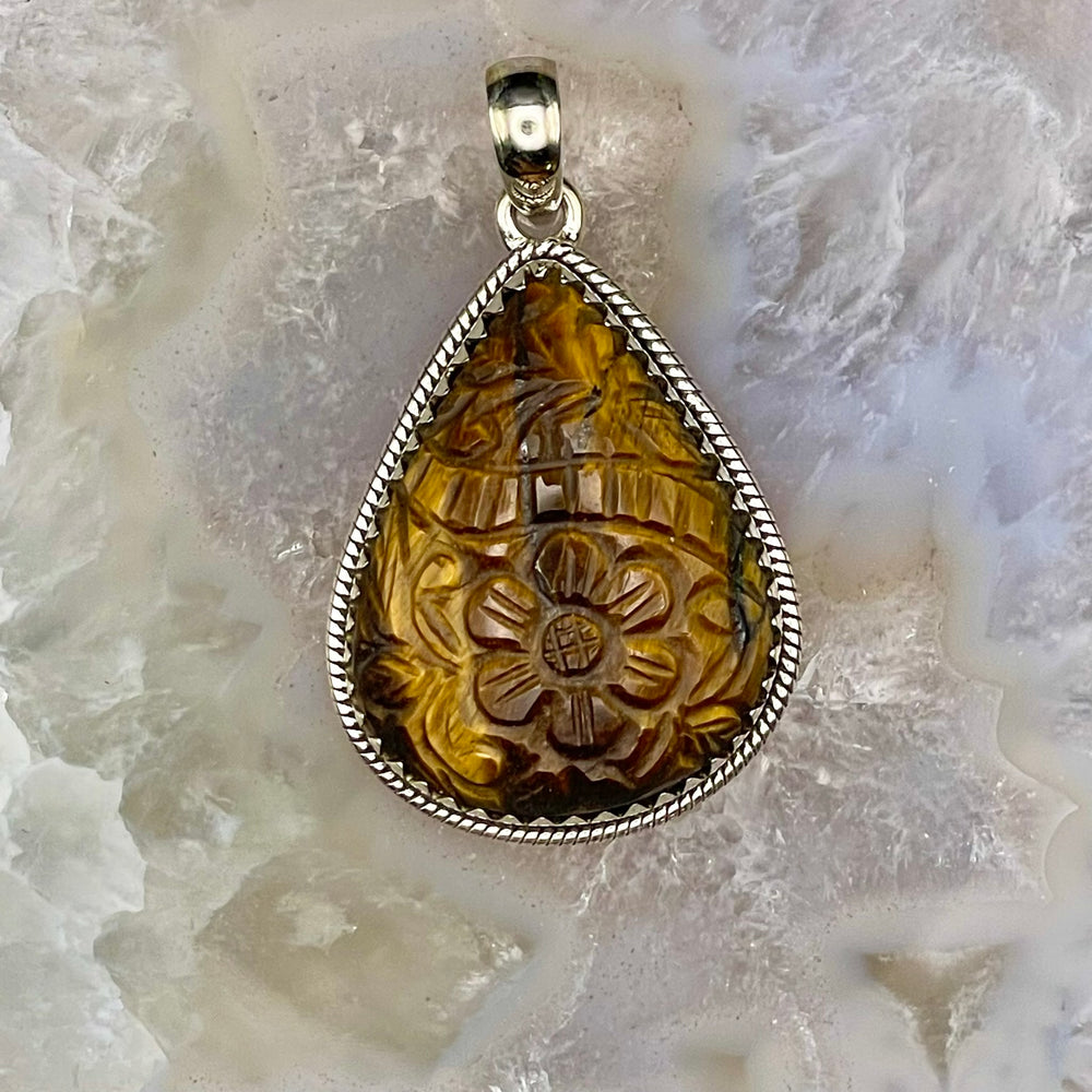 Teardrop Tigers Eye Carved Flower Pendant Sterling Silver