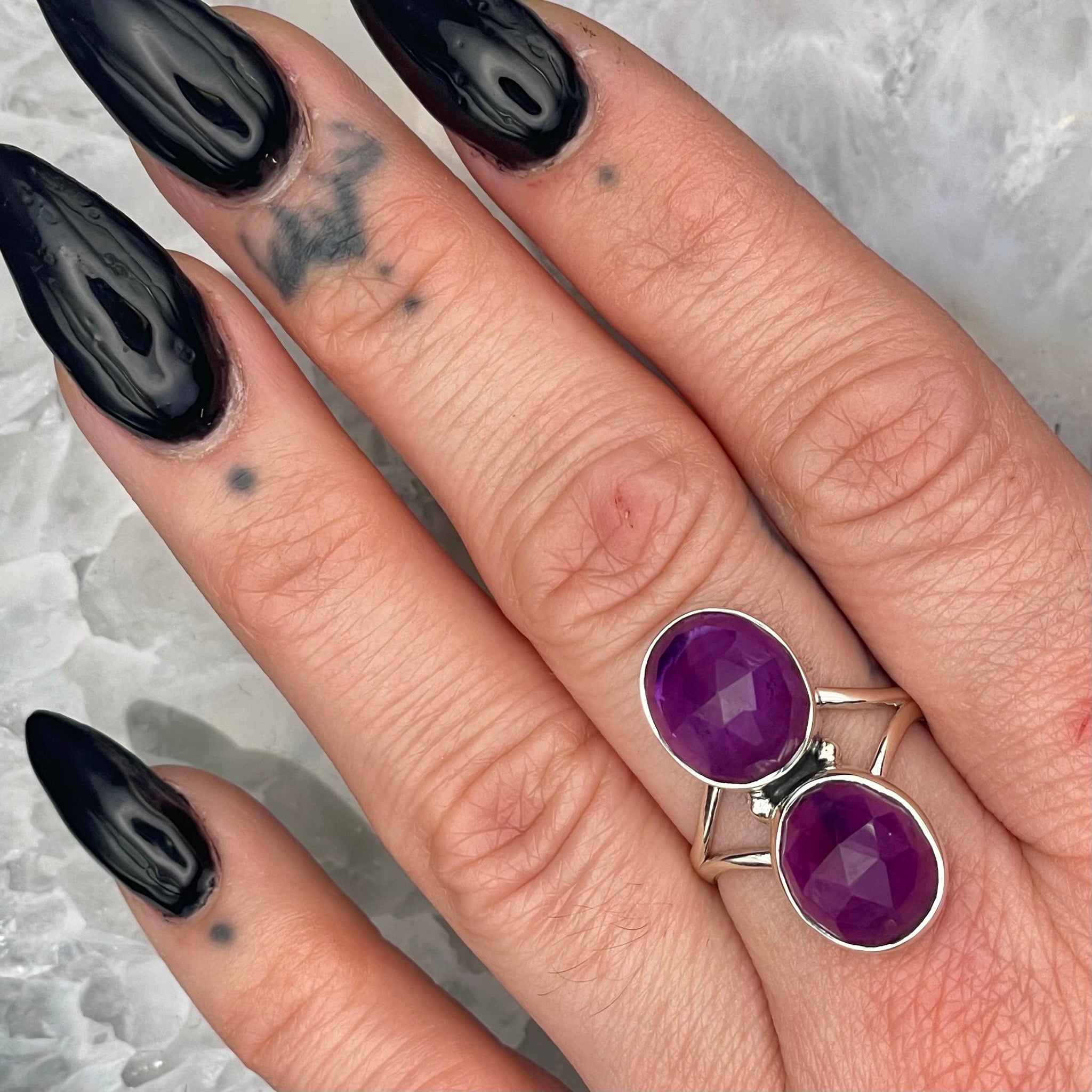 Faceted 2 Stone Amethyst Ring Sterling Silver