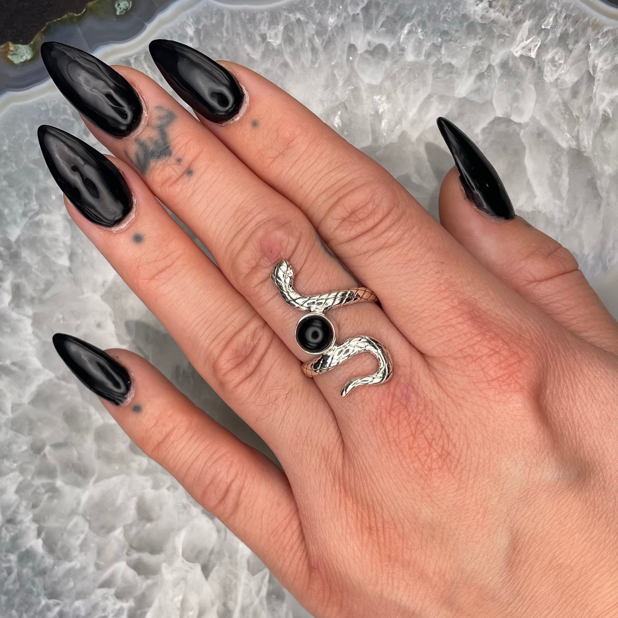 Black Onyx Snake Ring Sterling Silver