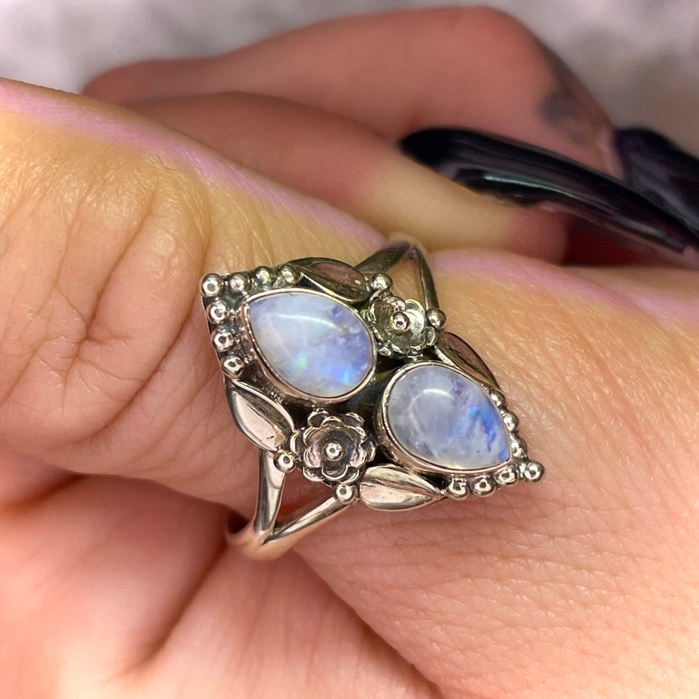 2 Stone Teardrop Moonstone Ring with Flowers Sterling Silver