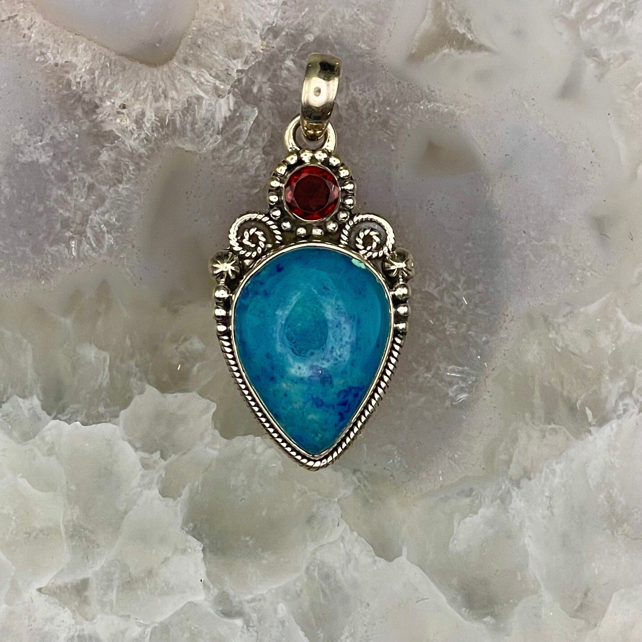 Blue Apatite with Garnet Pendant Sterling Silver