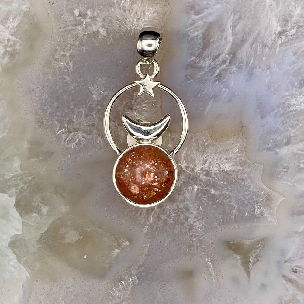 Sunstone Pendant with Crescent Moon Sterling Silver