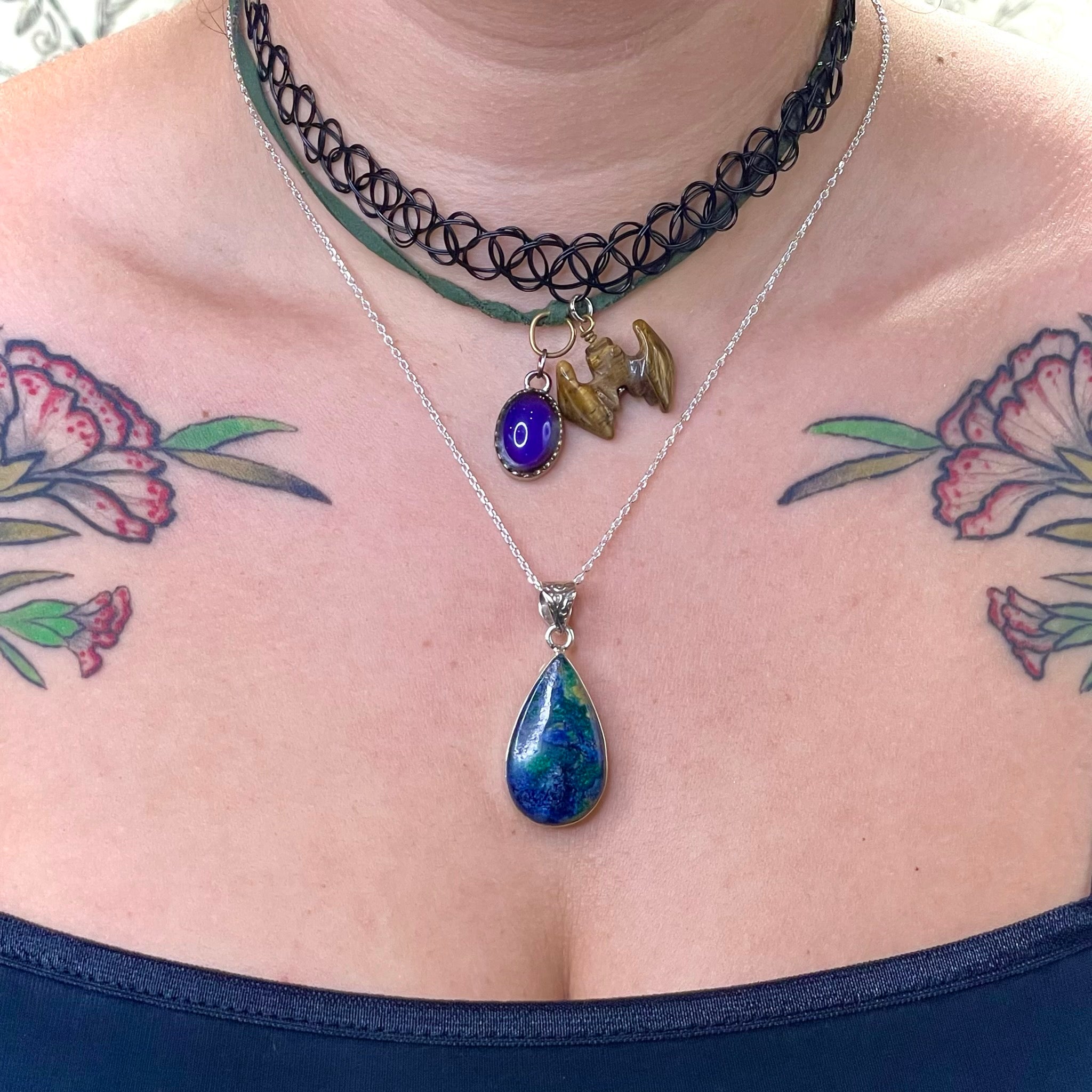 Teardrop Malachite and Azurite Pendant Sterling Silver