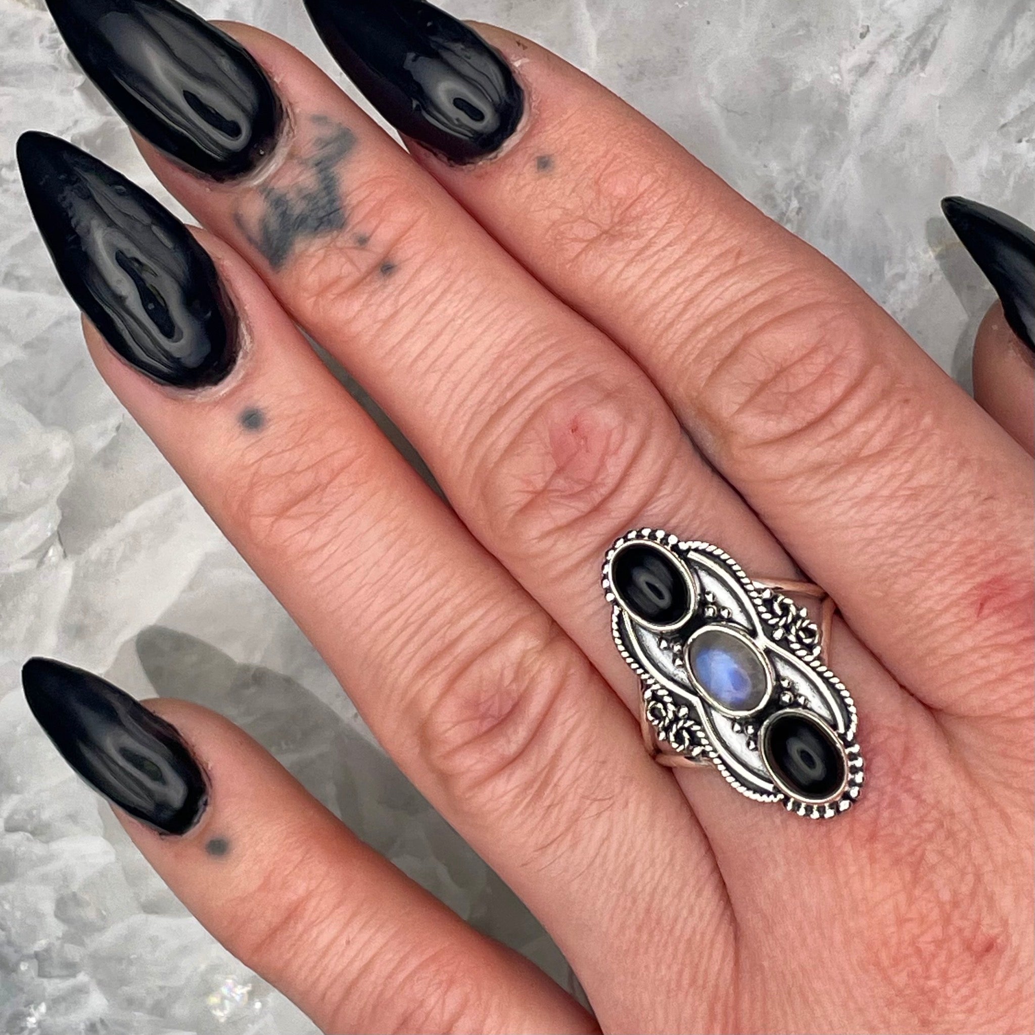 Black Onyx and Moonstone Ring Sterling Silver