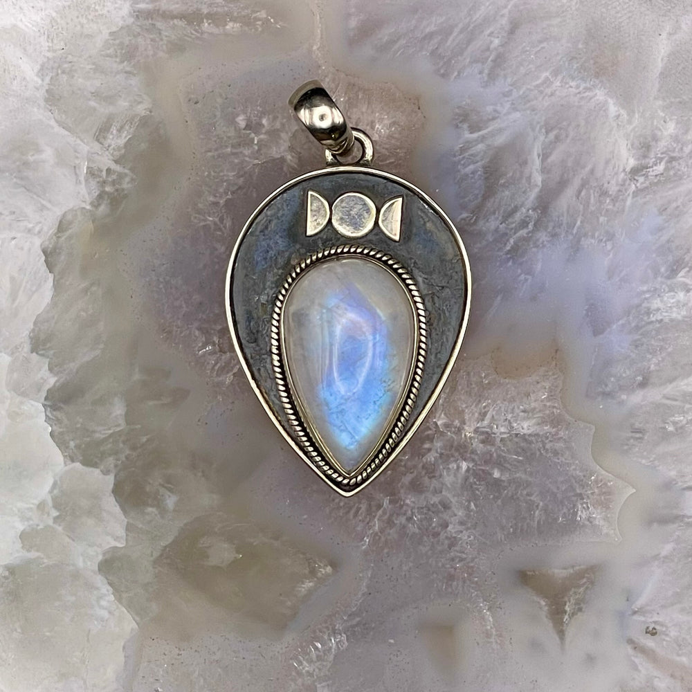 Moonstone With Triple Moon Pendant Sterling Silver