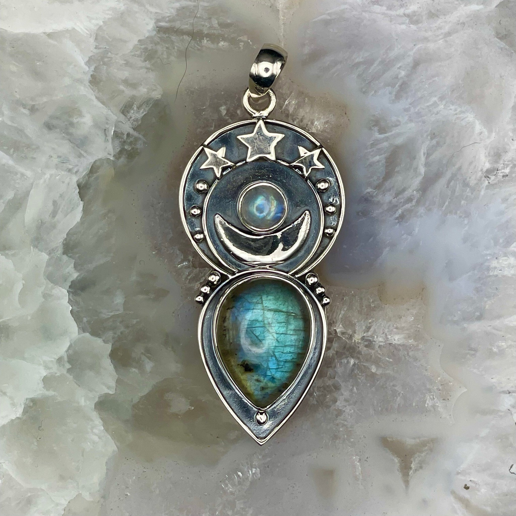 Labradorite with Stars and Moon Pendant Sterling Silver