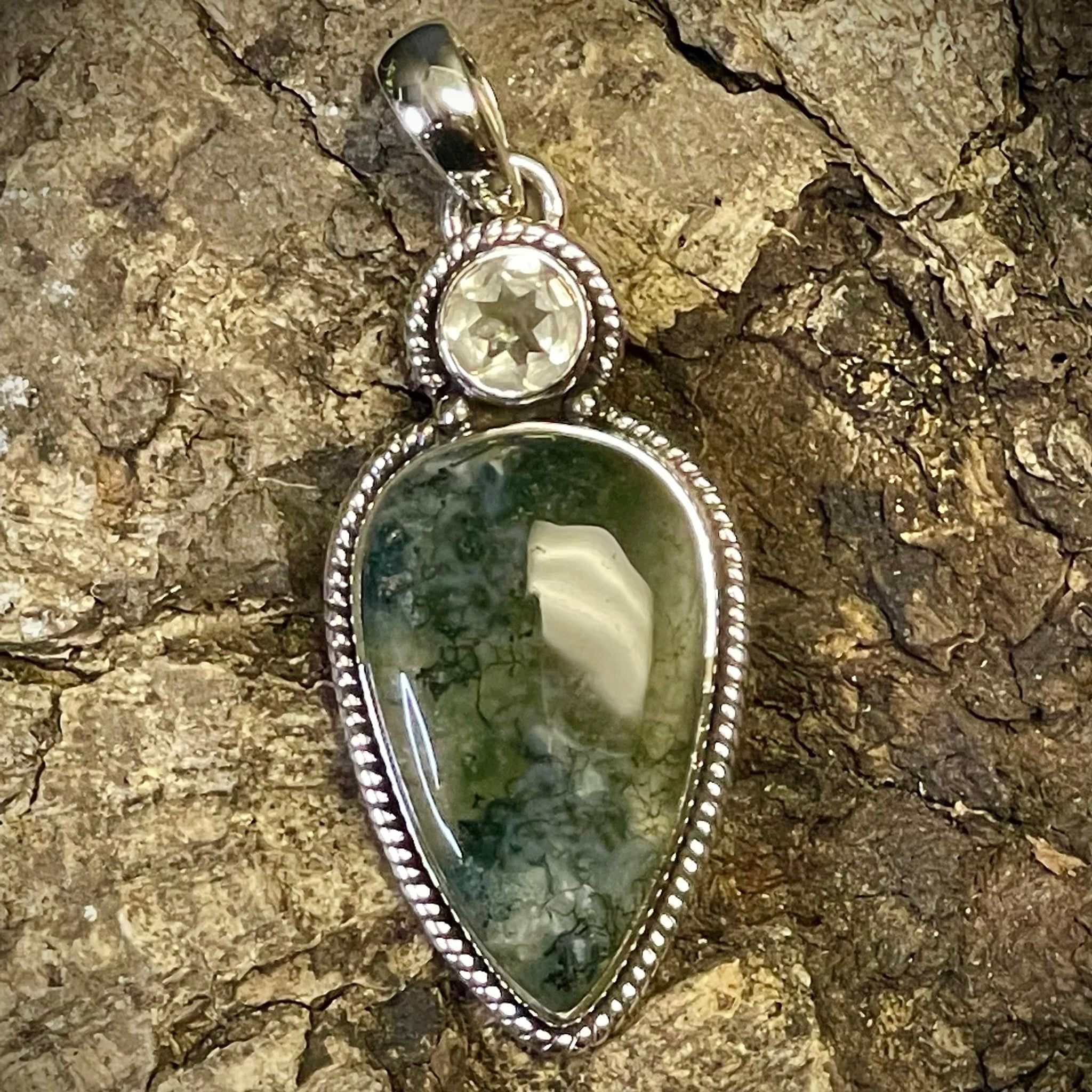 Moss Agate with Quartz Pendant Sterling Silver