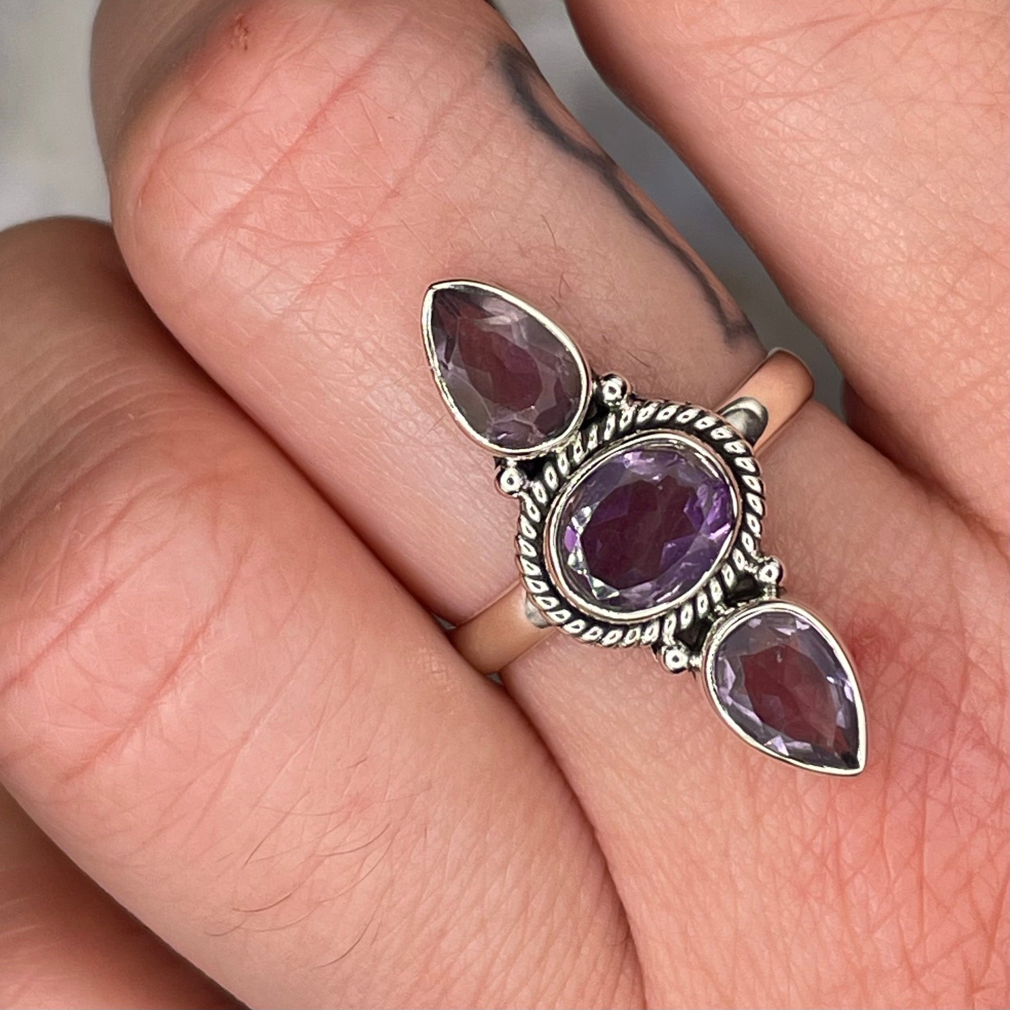 Faceted 3 Stone Amethyst Ring Sterling Silver