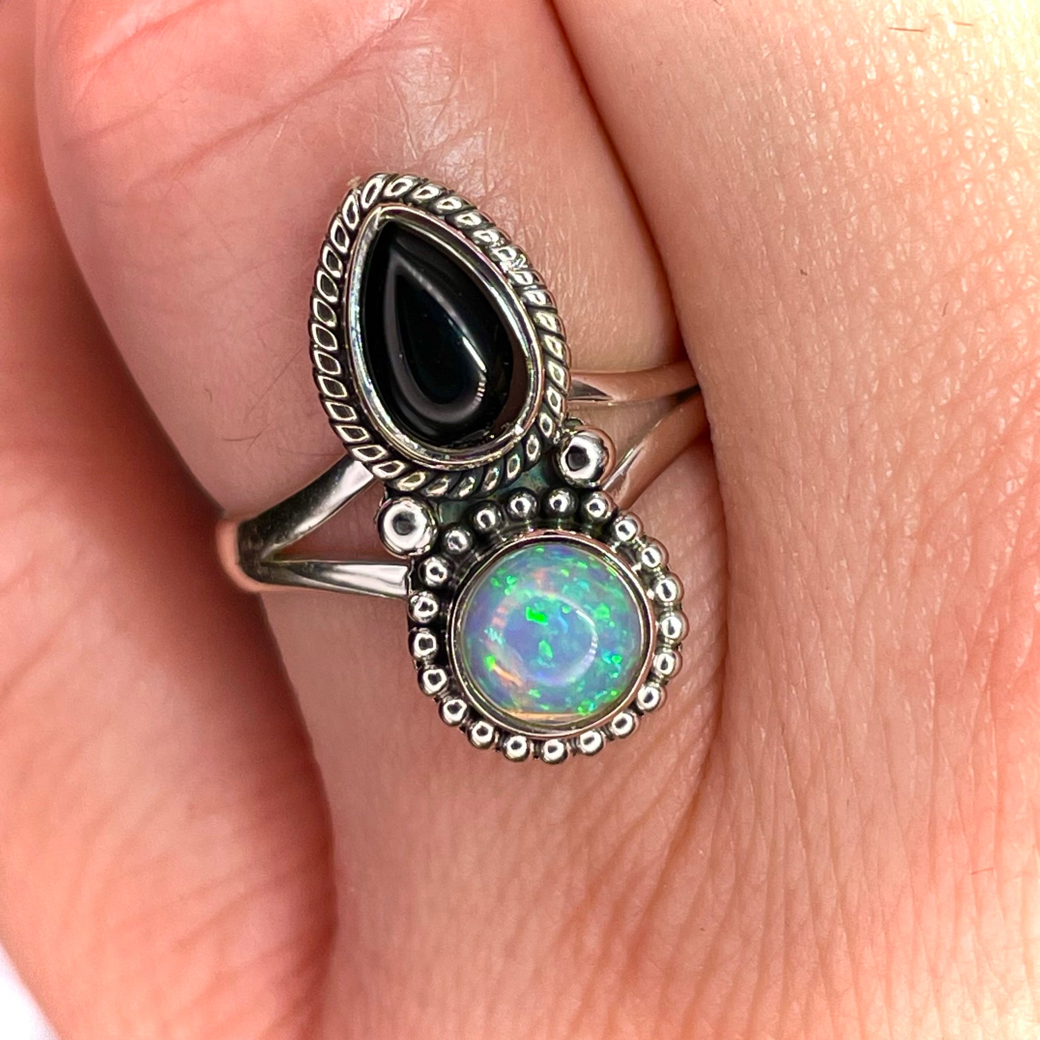 Black Onyx and Ethiopian Opal Ring Sterling Silver