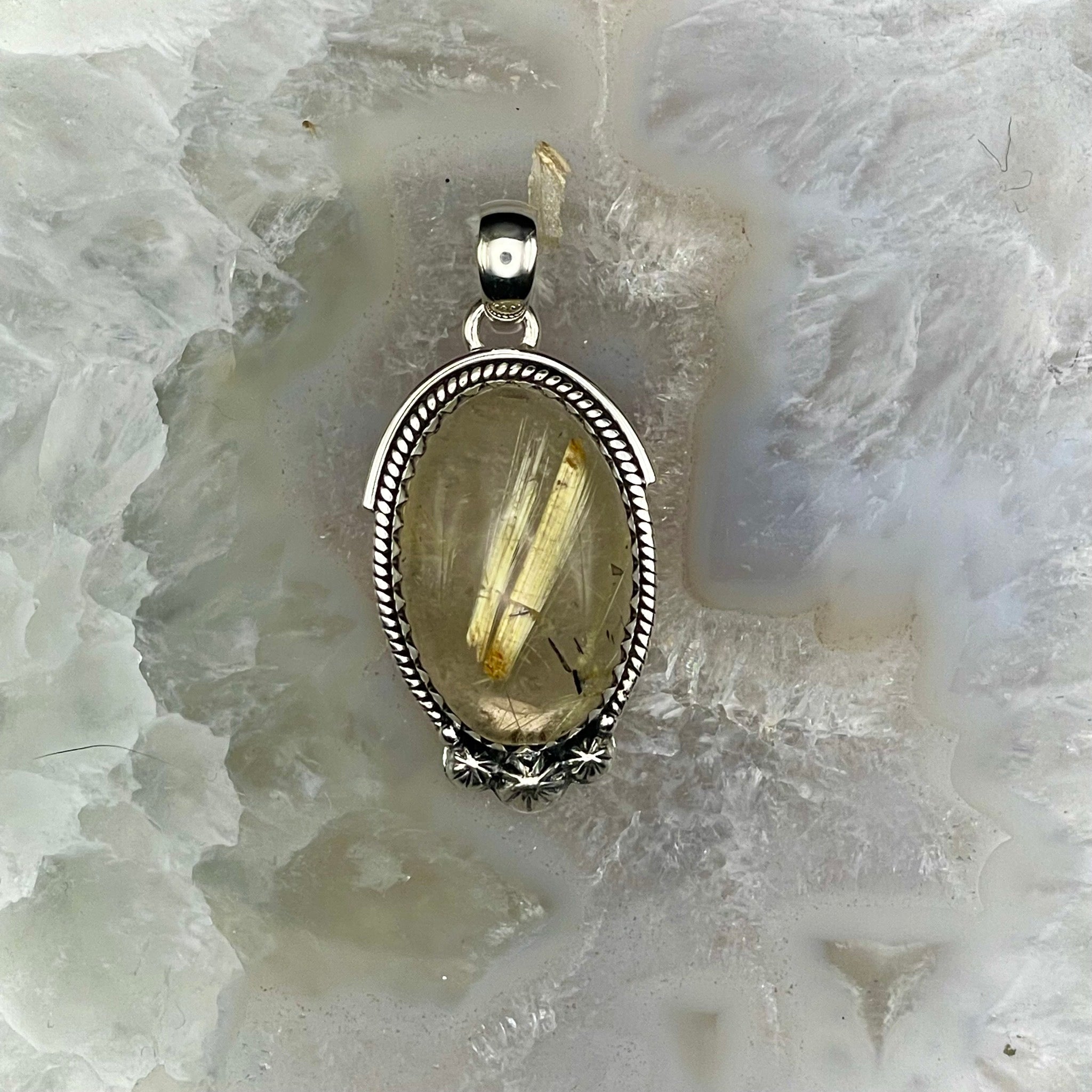 Oval Rutilated Quartz Pendant Sterling Silver