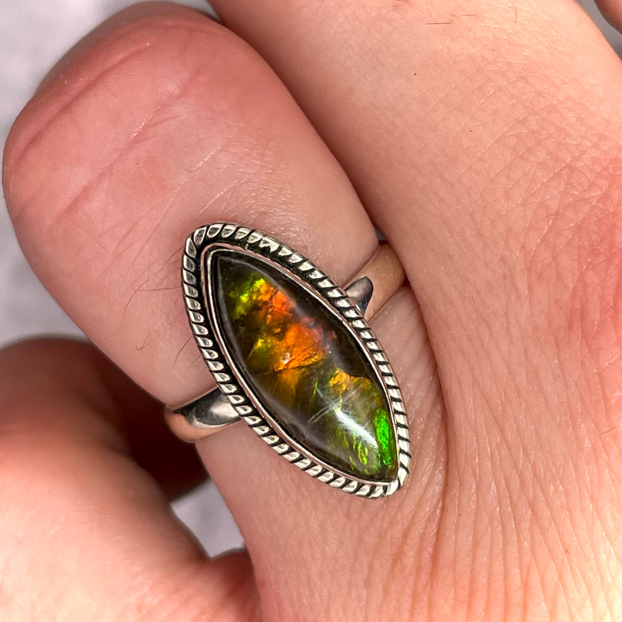 Oval Ammolite Ring Sterling Silver