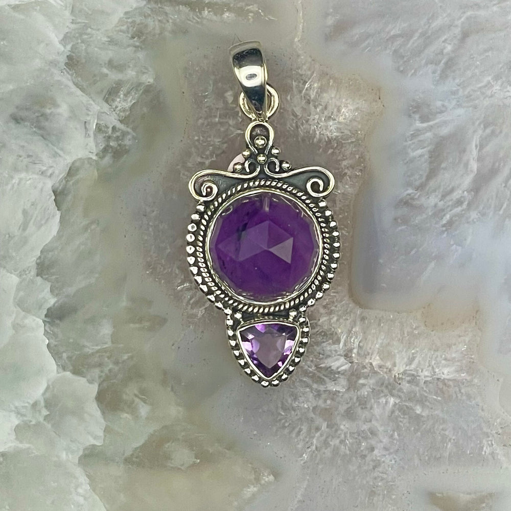 Faceted 2 Stone Amethyst Pendant Sterling Silver