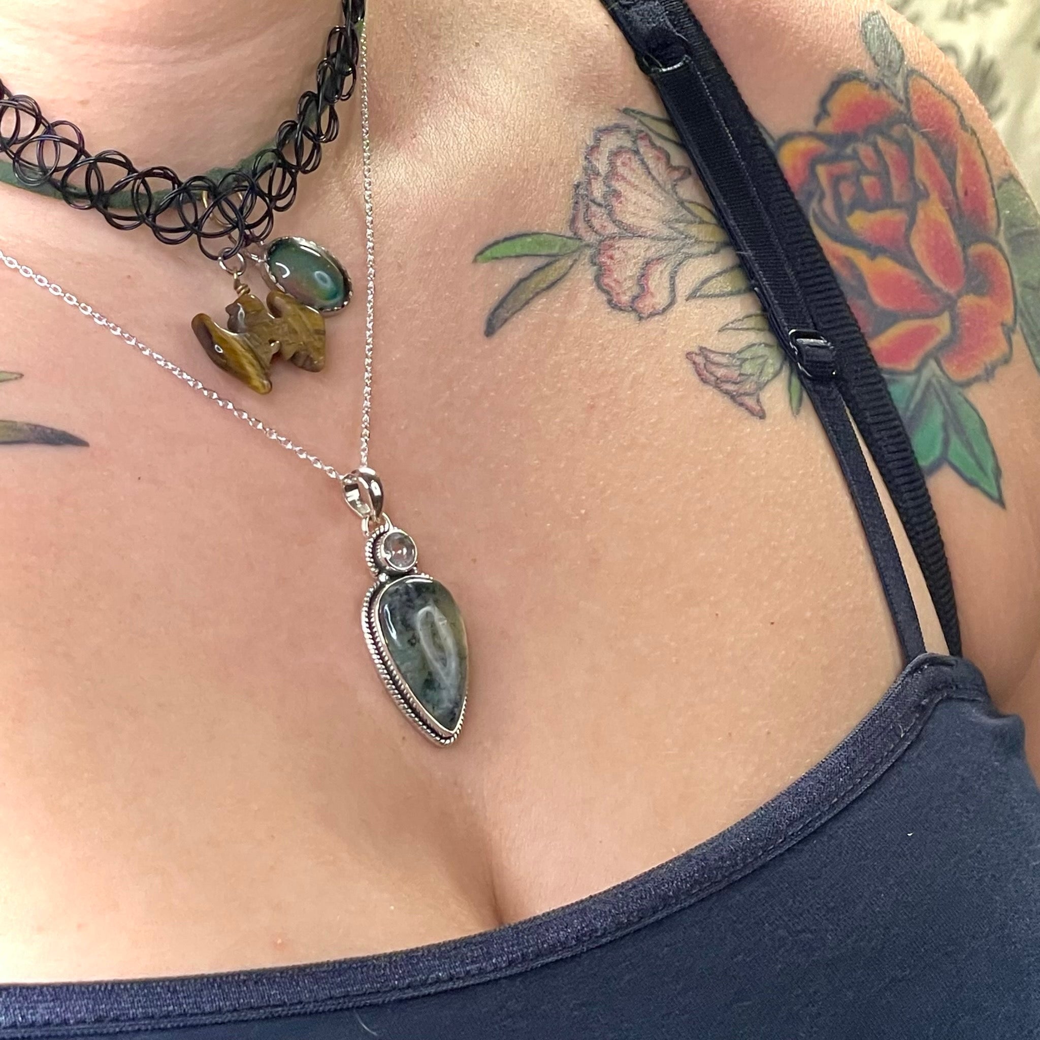 Moss Agate with Quartz Pendant Sterling Silver