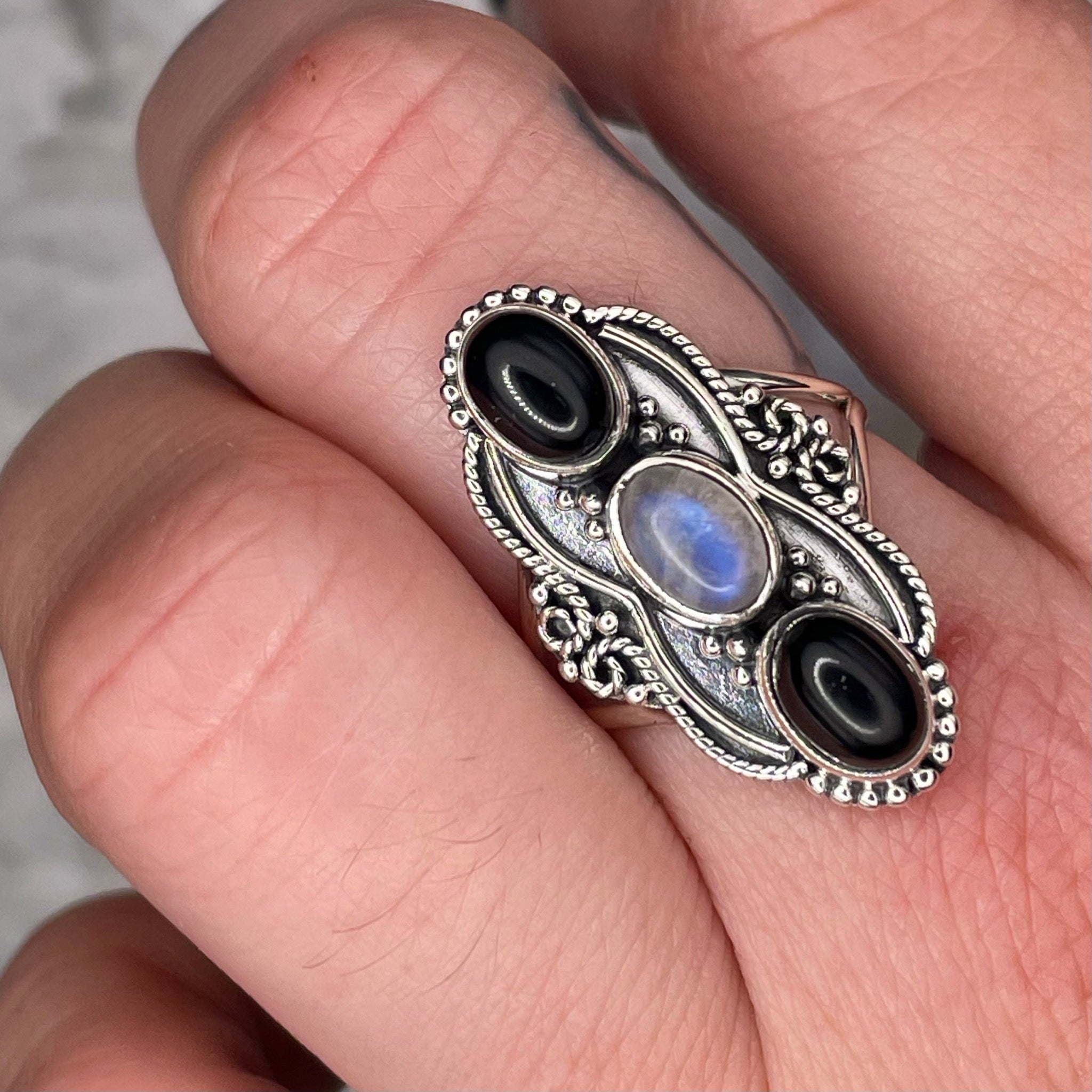 Black Onyx and Moonstone Ring Sterling Silver