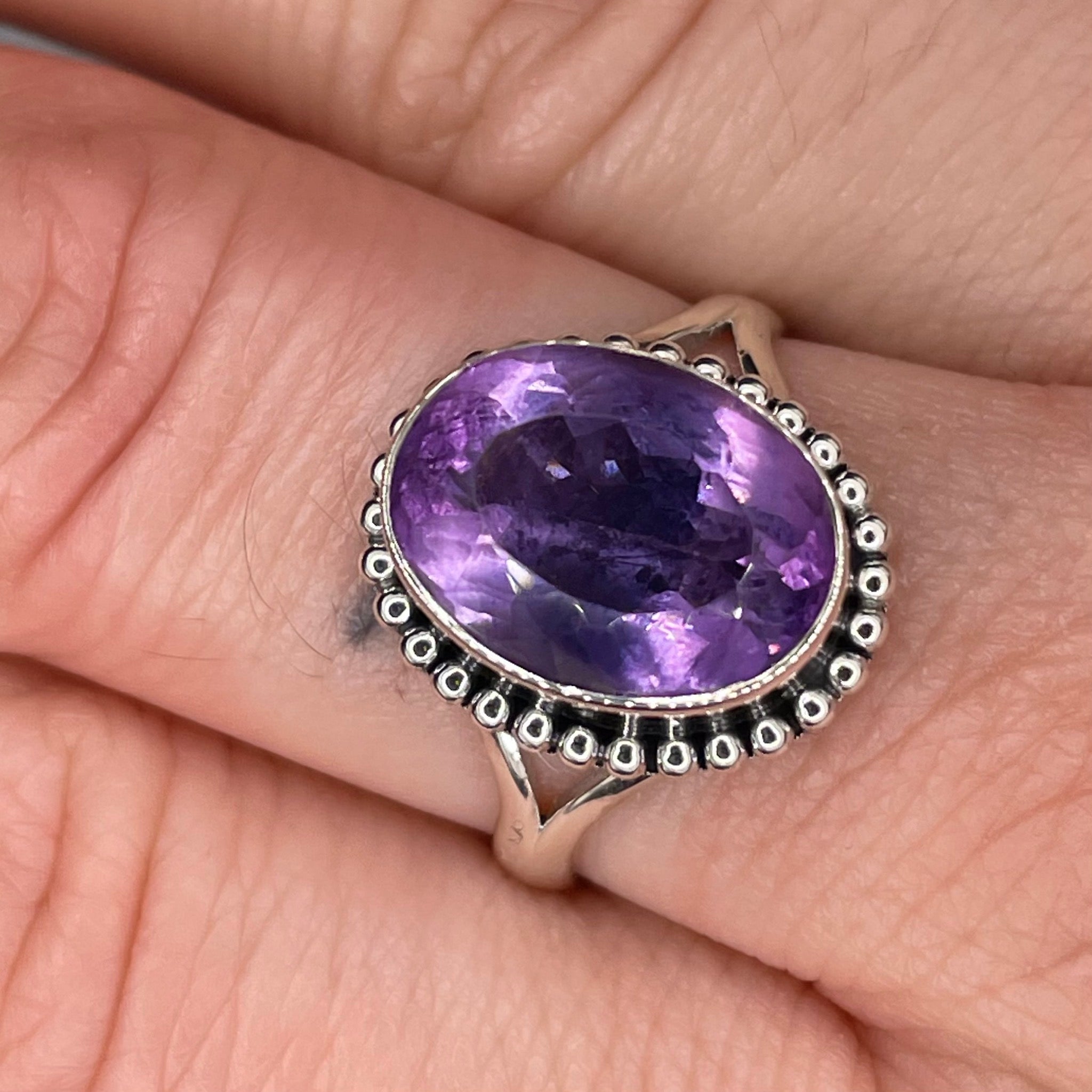 Faceted Oval Amethyst Ring Sterling Silver