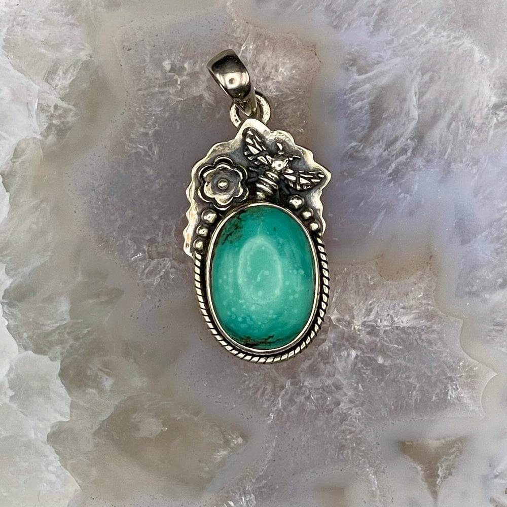 Turquoise Pendant with Bee and Flower Sterling Silver