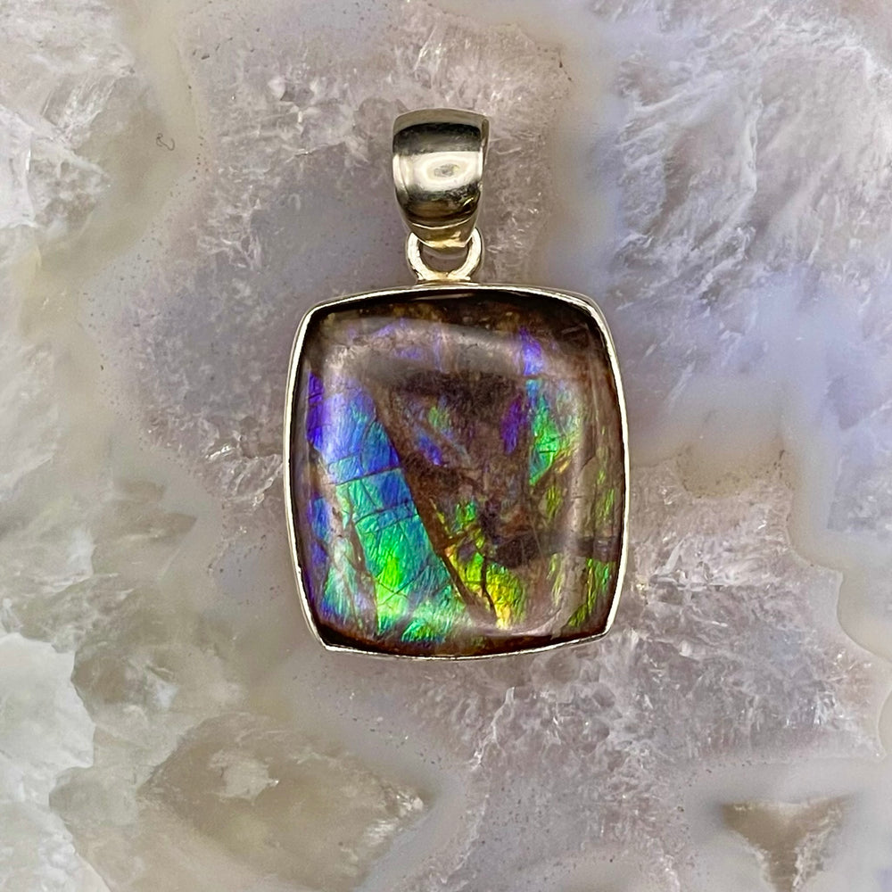 Square Ammolite Pendant Sterling Silver