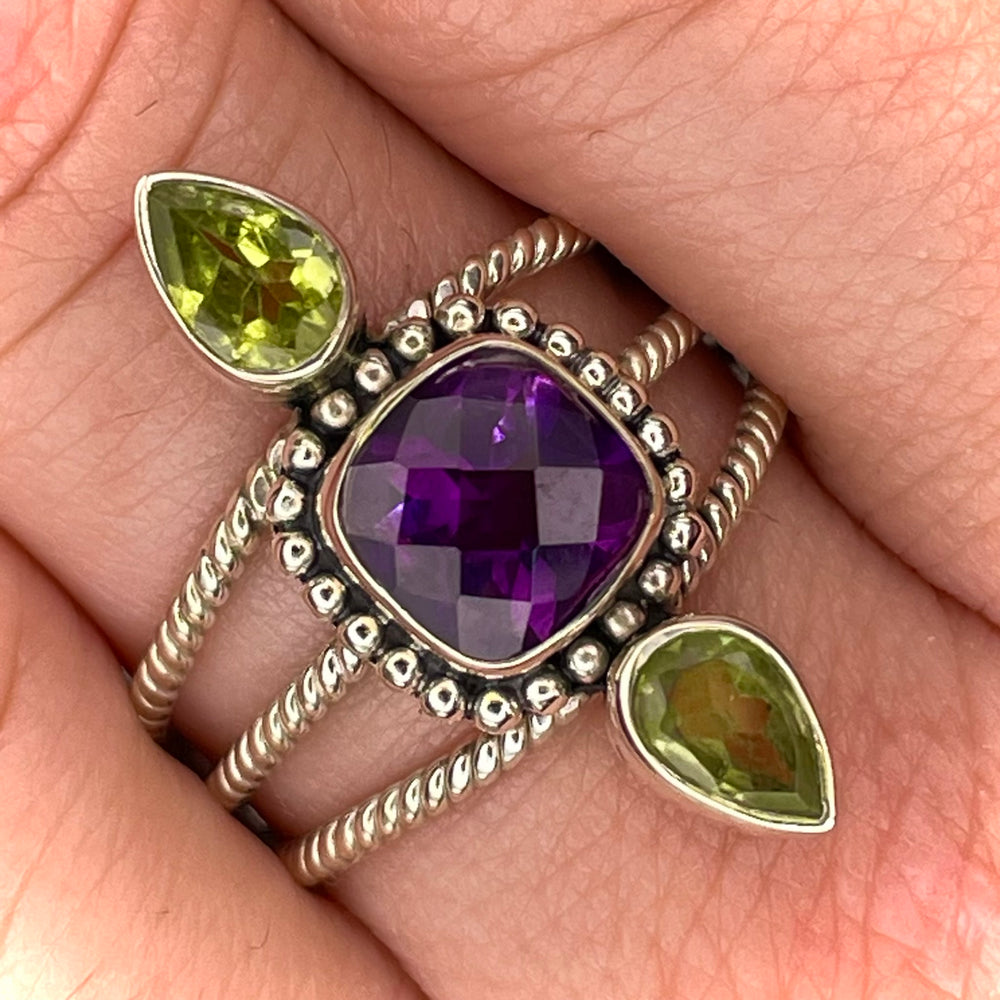 Faceted Amethyst and Peridot Ring Sterling Silver