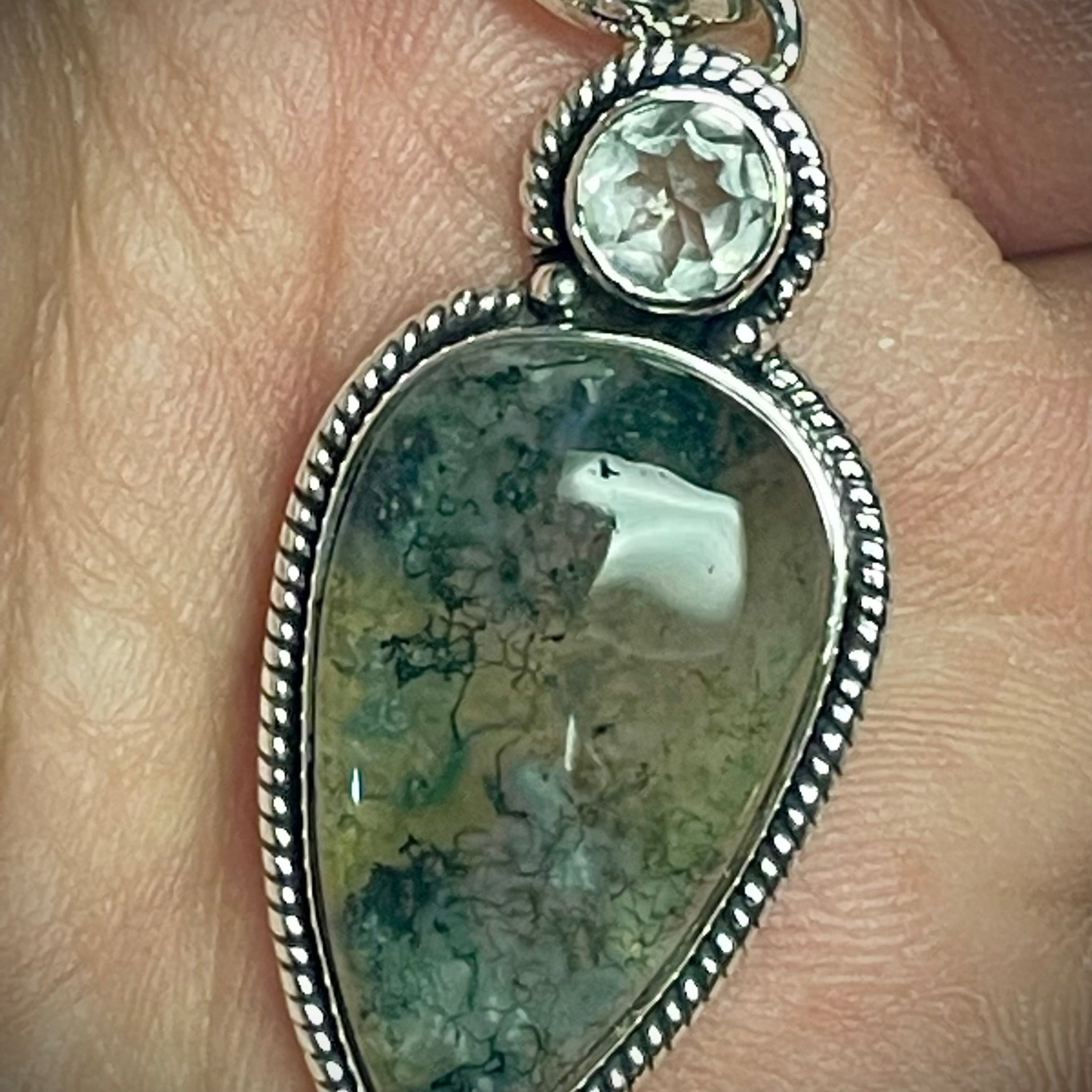 Moss Agate with Quartz Pendant Sterling Silver