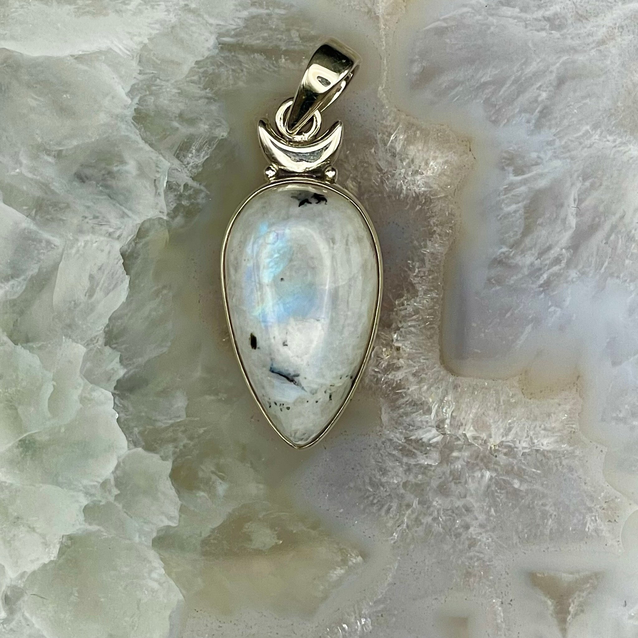 Rainbow Moonstone with Crescent Moon Pendant Sterling Silver