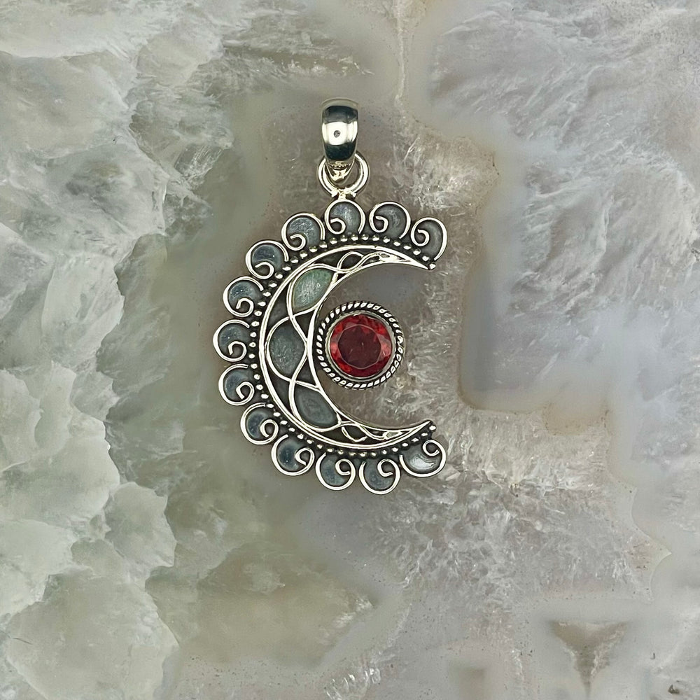 Garnet Moon Pendant Sterling Silver