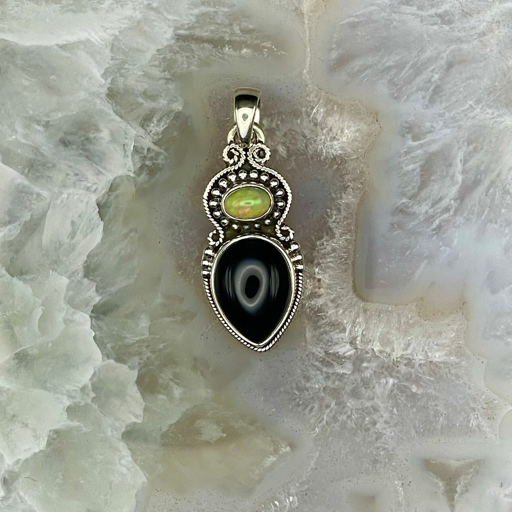 Black Onyx and Ethiopian Opal Pendant Sterling Silver