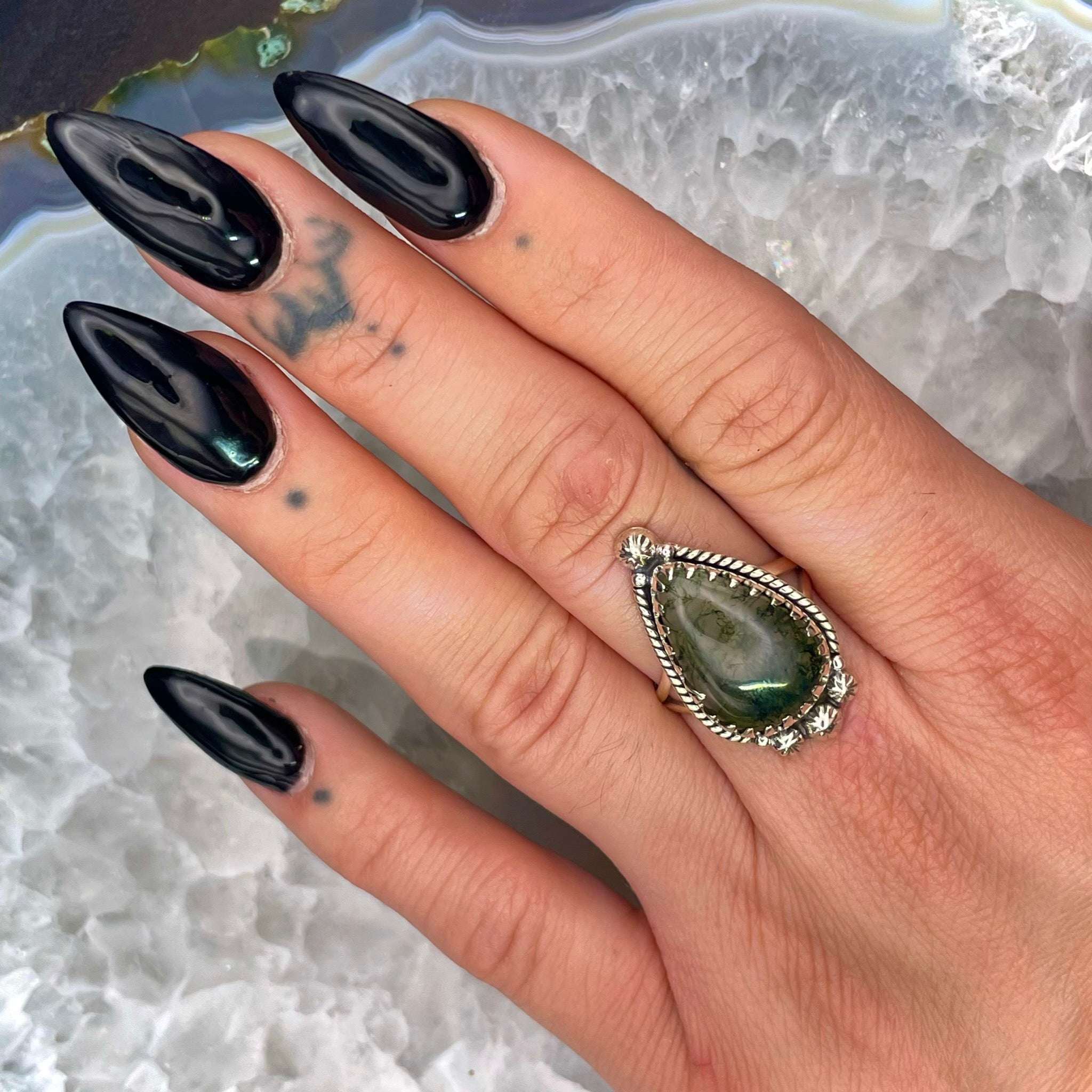 Teardrop Moss Agate Ring Sterling Silver