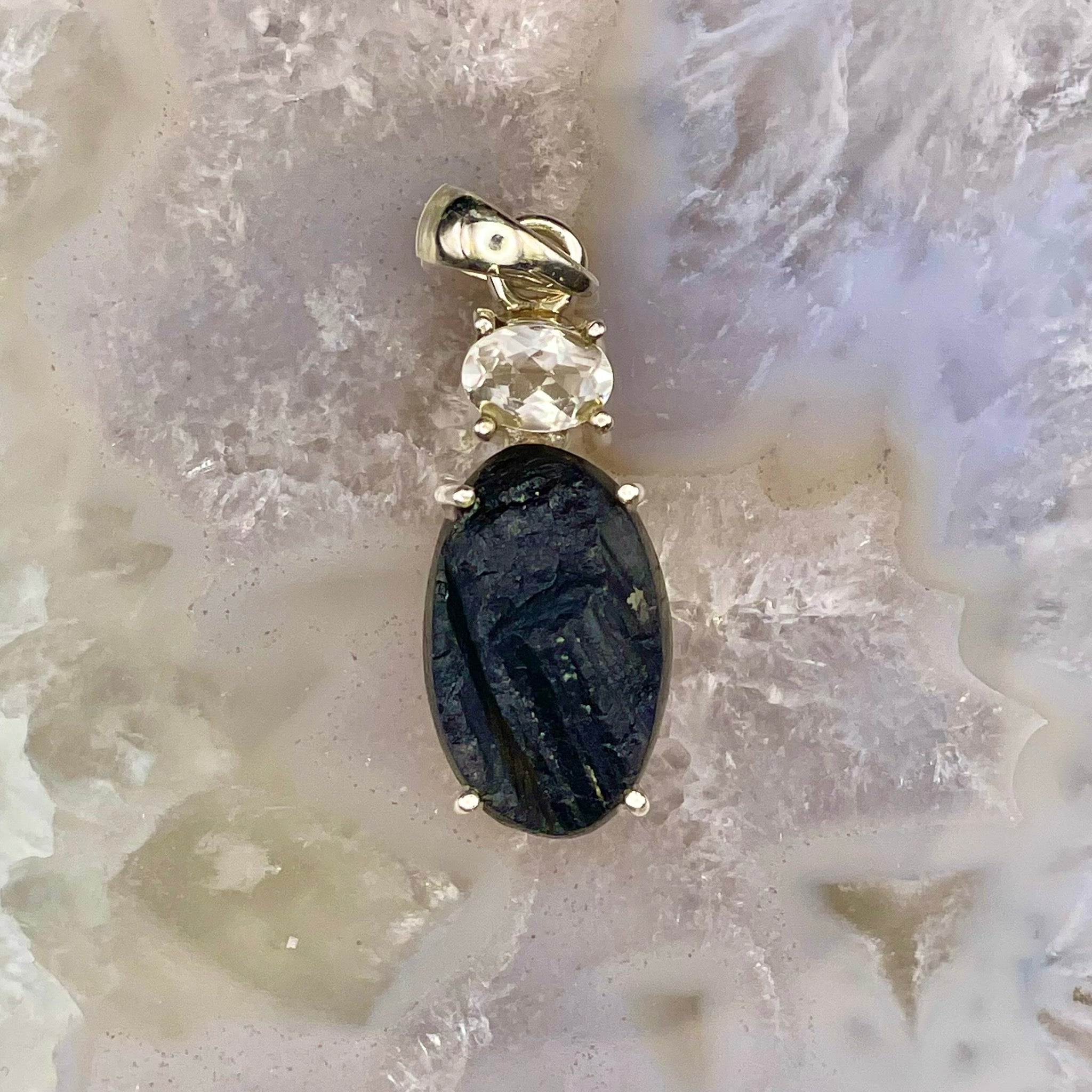 Black Tourmaline with Quartz Pendant Sterling Silver