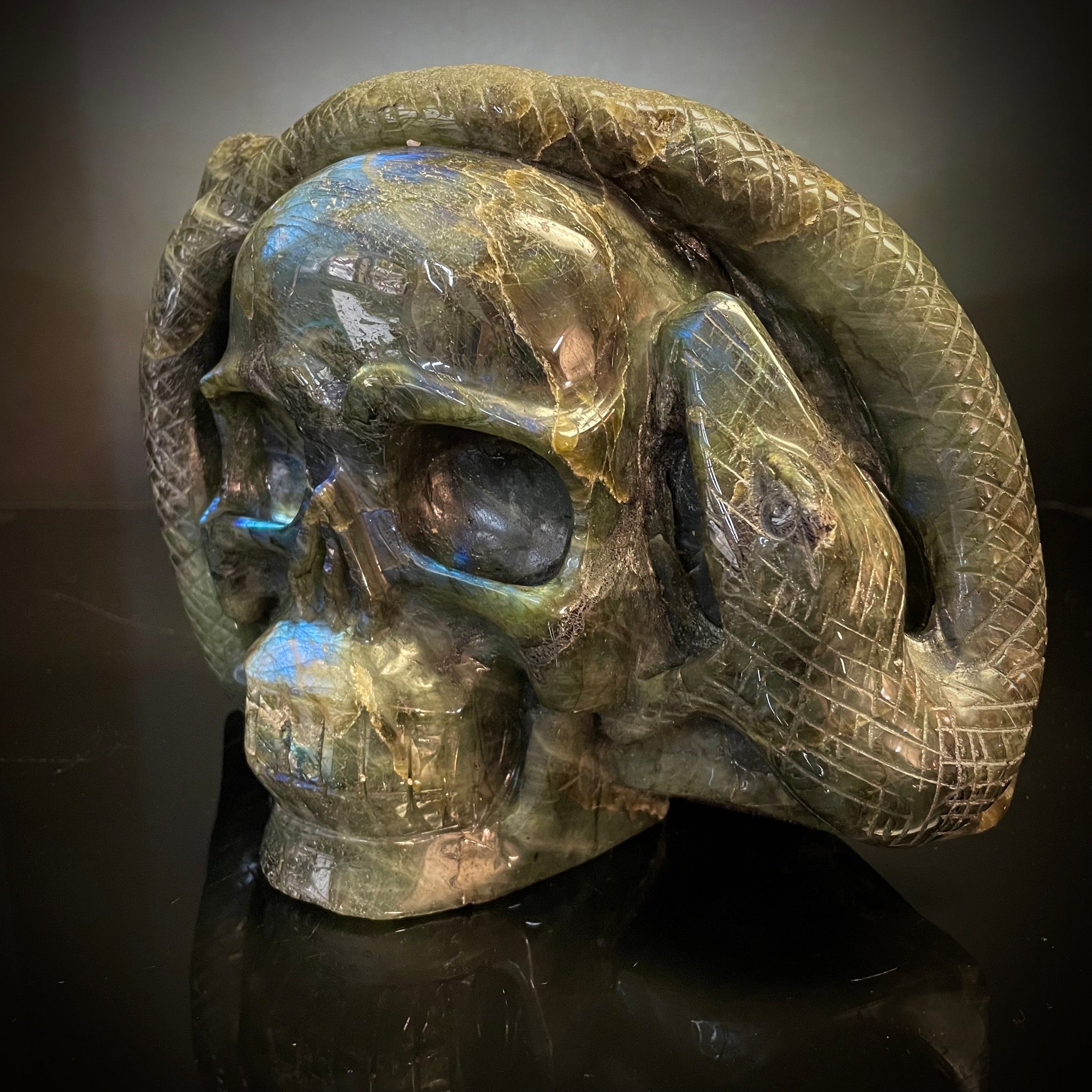 Labradorite Skull with Snake