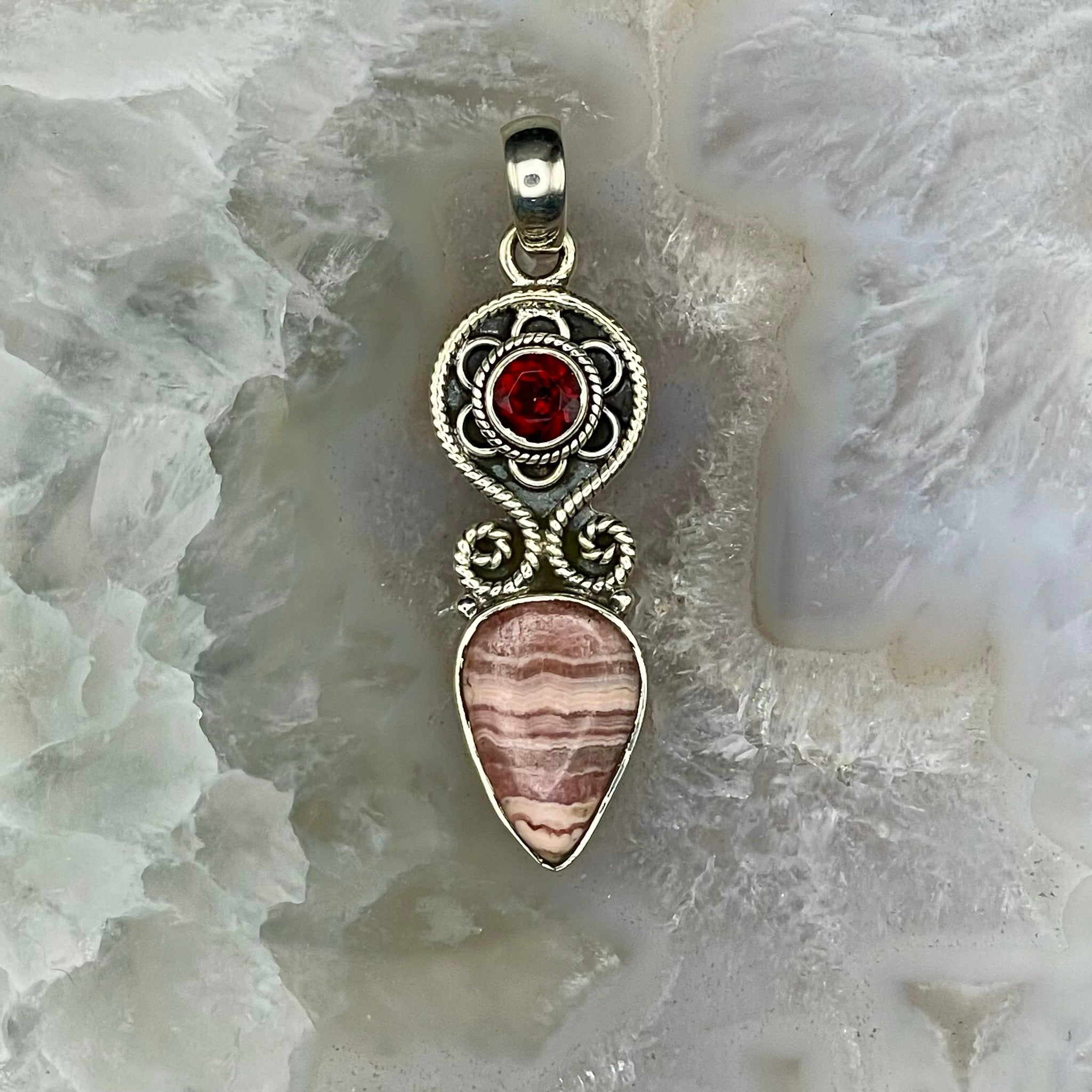 Rhodochrosite with Garnet Pendant Sterling Silver