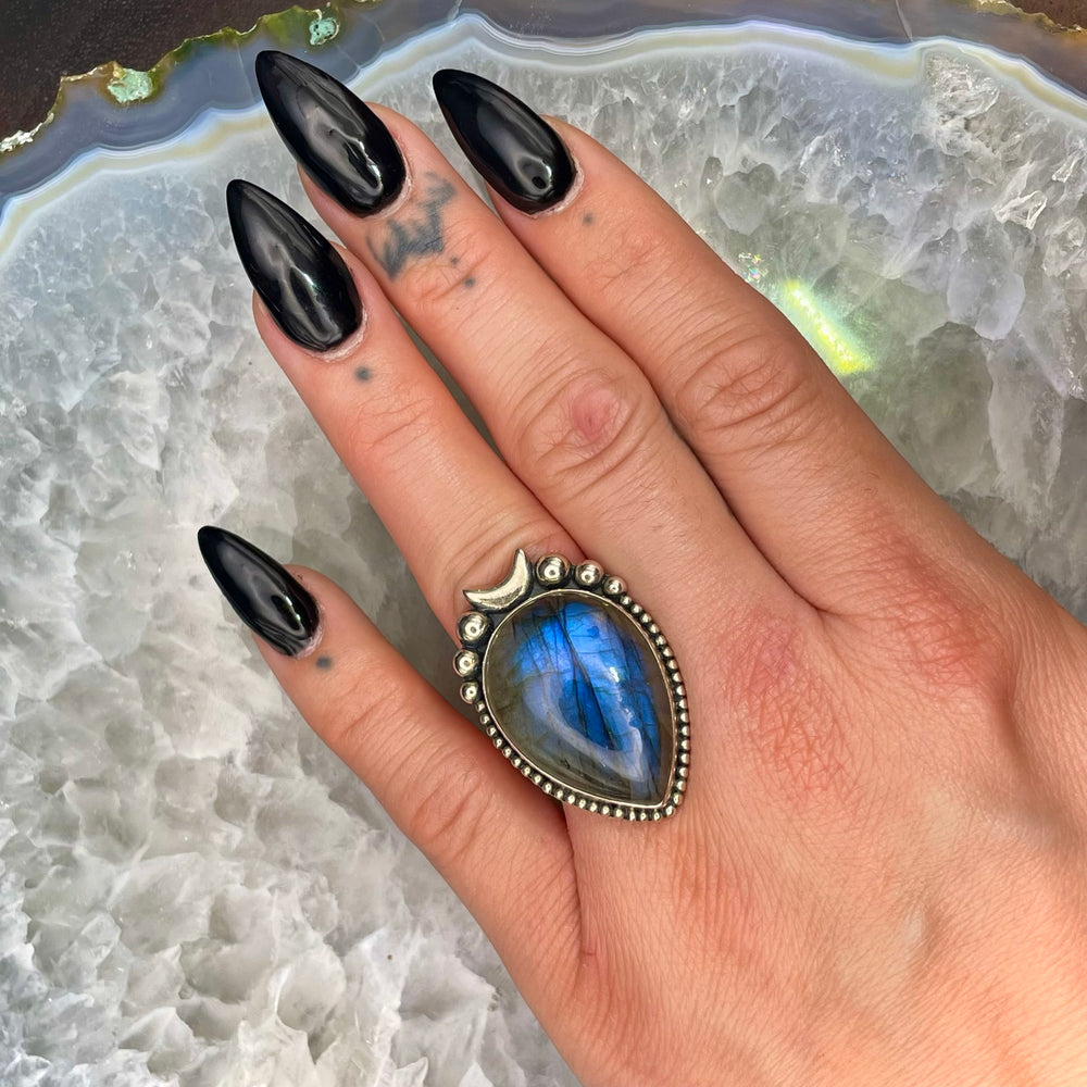 Teardrop Labradorite with Moon Ring Sterling Silver