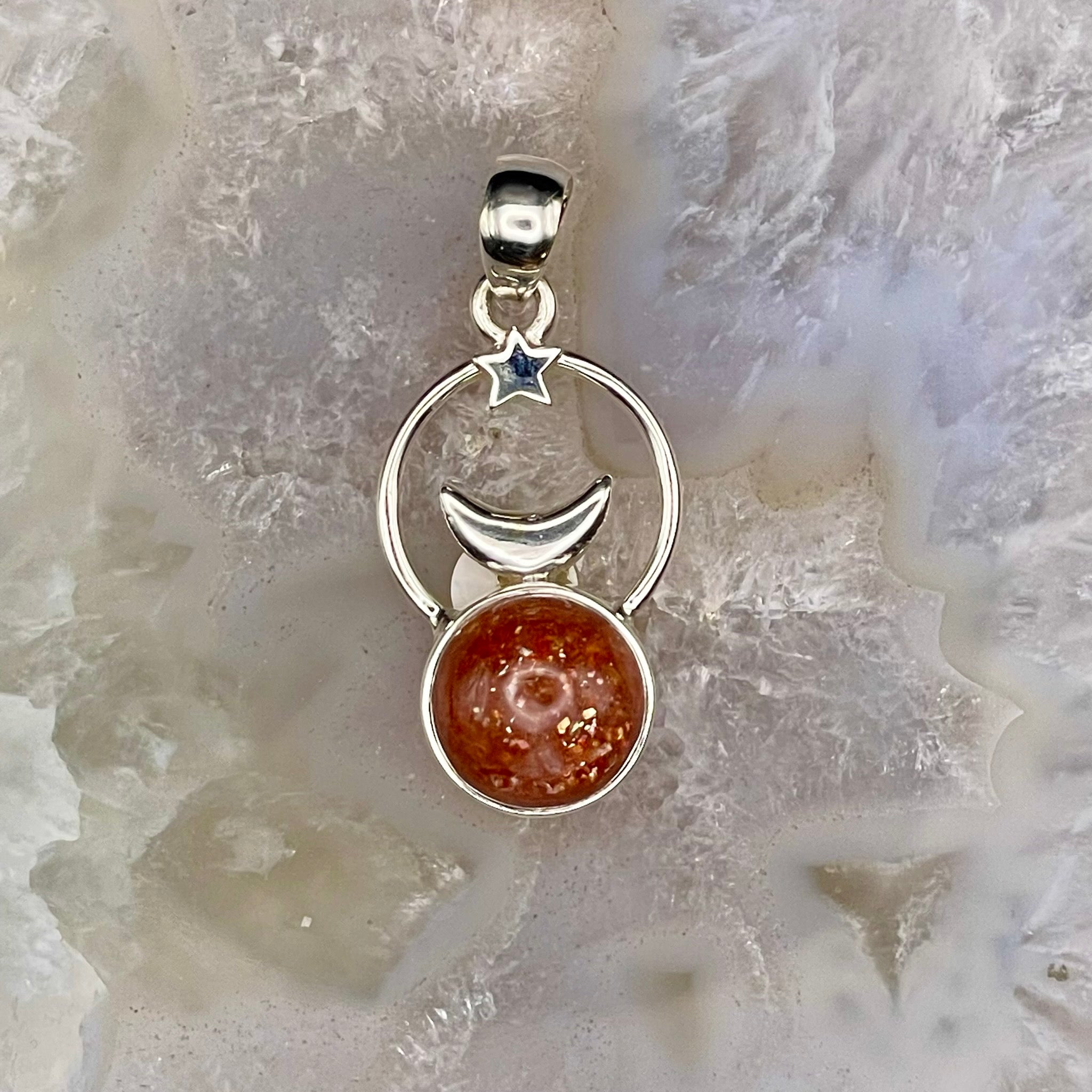 Sunstone Pendant with Crescent Moon Sterling Silver