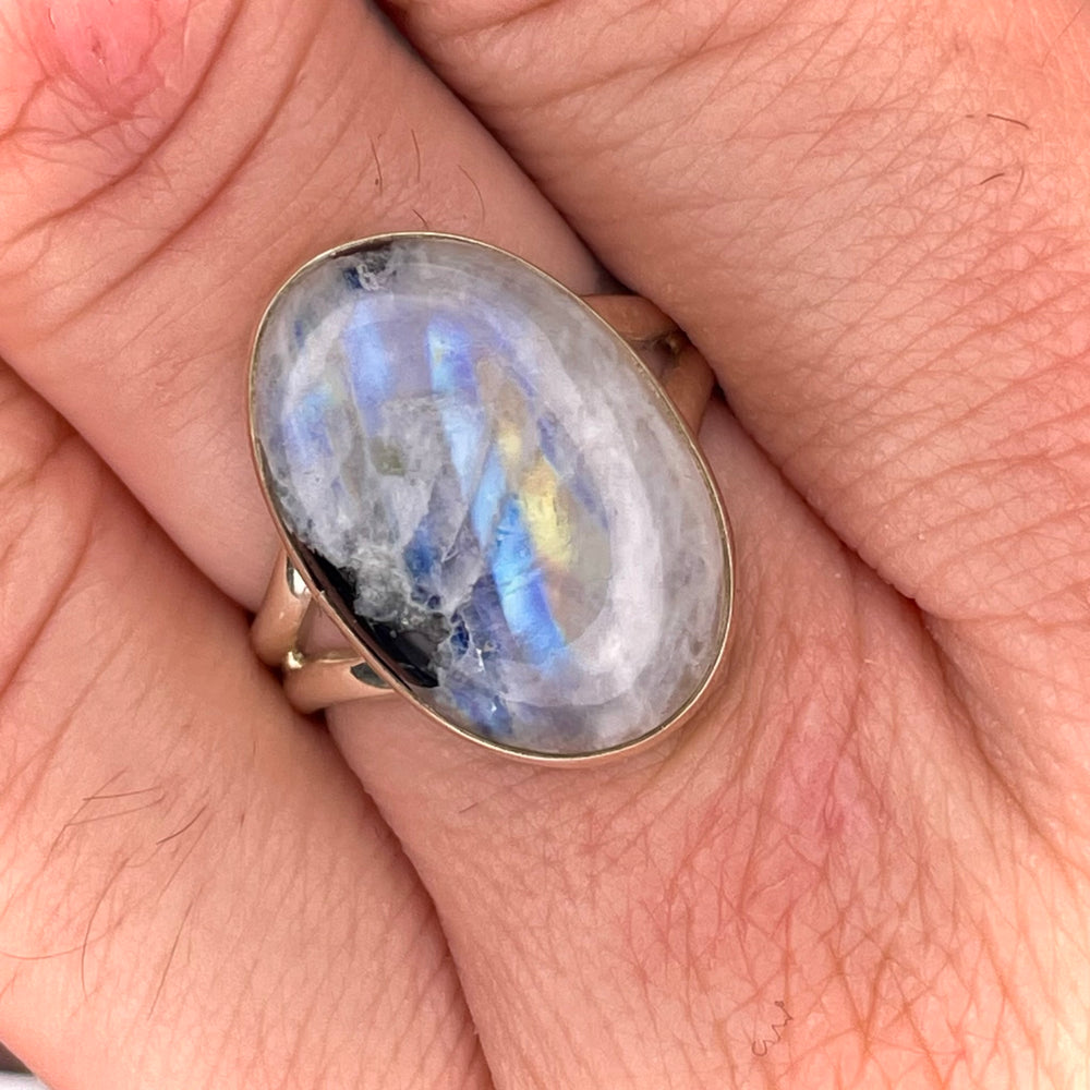 Oval Rainbow Moonstone Ring Sterling Silver