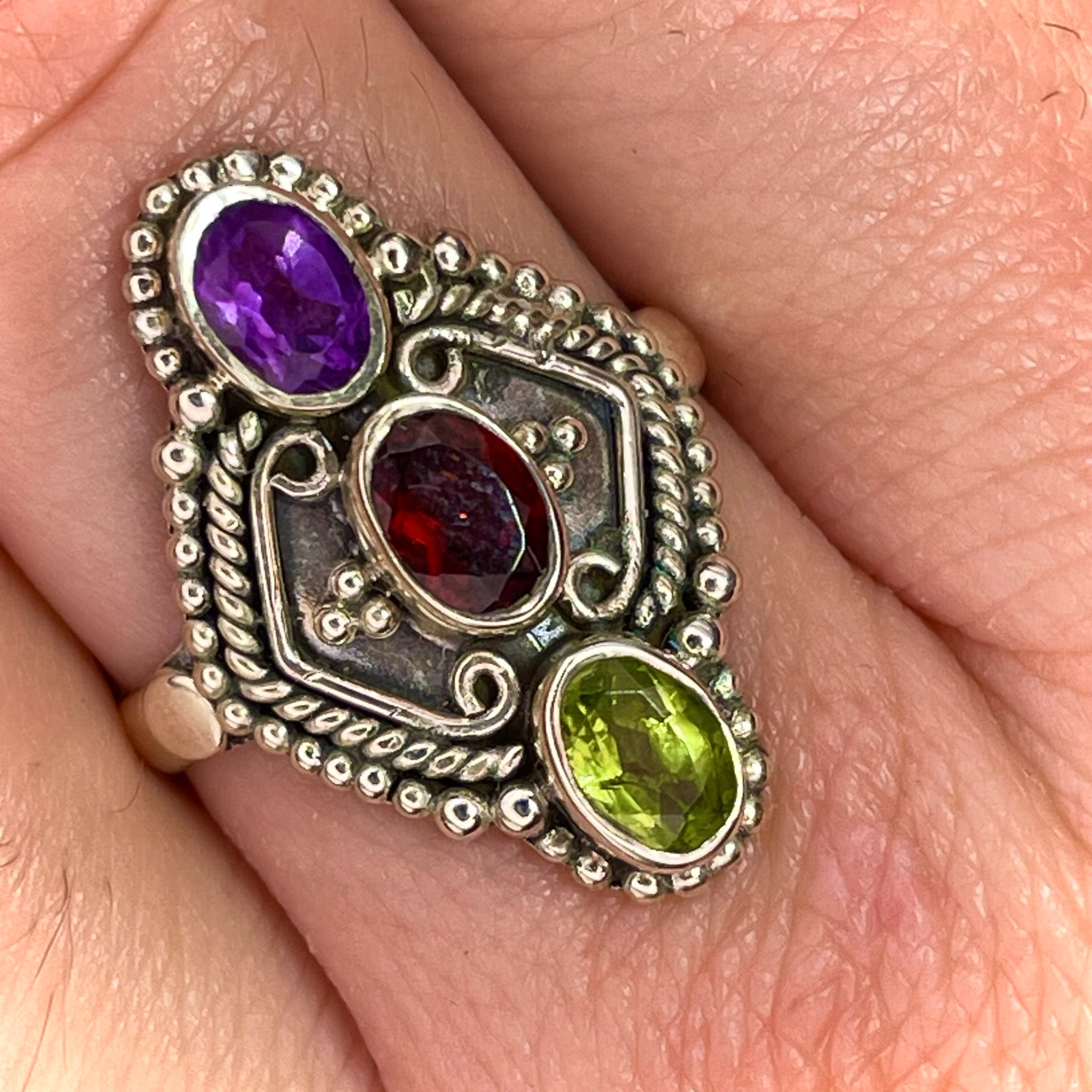 Three Stone Amethyst Garnet and Peridot Ring Sterling Silver