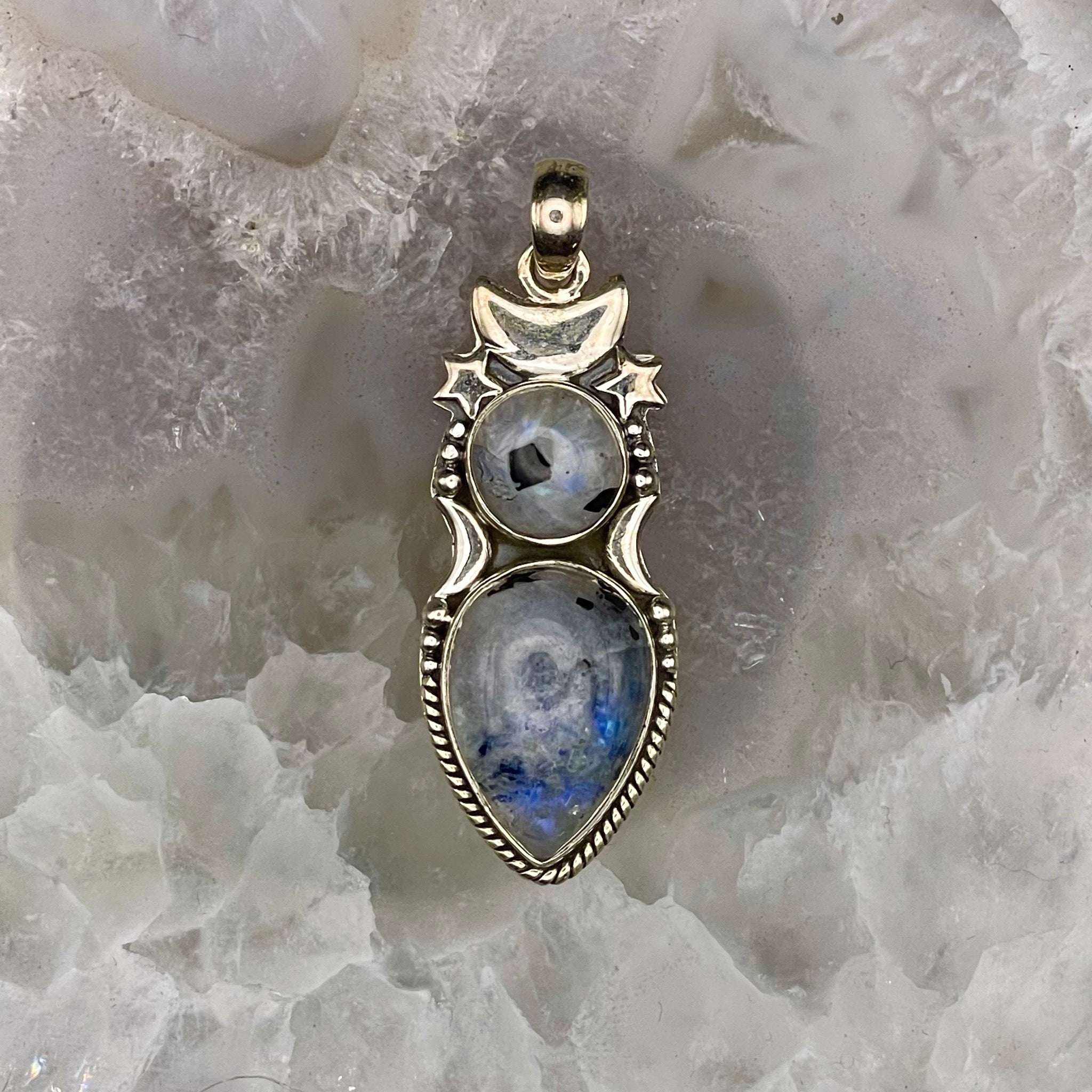 Rainbow Moonstone with Moon and Stars Pendant Sterling Silver