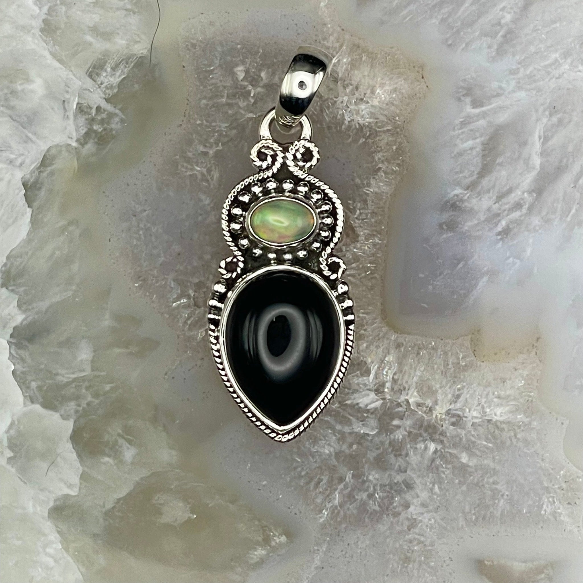 Black Onyx and Ethiopian Opal Pendant Sterling Silver