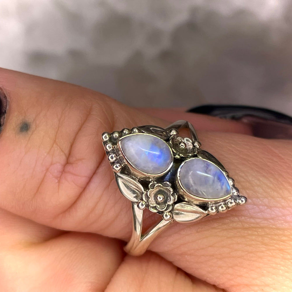 2 Stone Teardrop Moonstone Ring with Flowers Sterling Silver