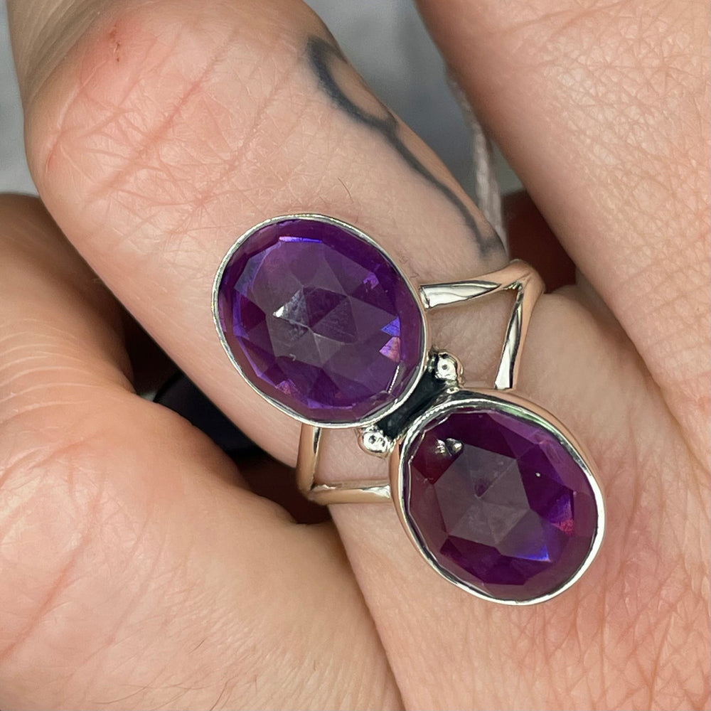 Faceted 2 Stone Amethyst Ring Sterling Silver